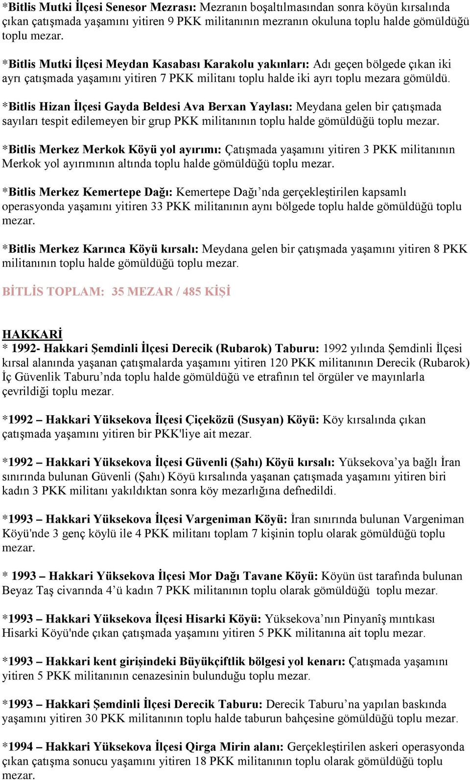 *Bitlis Hizan İlçesi Gayda Beldesi Ava Berxan Yaylası: Meydana gelen bir çatışmada sayıları tespit edilemeyen bir grup PKK militanının toplu halde gömüldüğü toplu *Bitlis Merkez Merkok Köyü yol