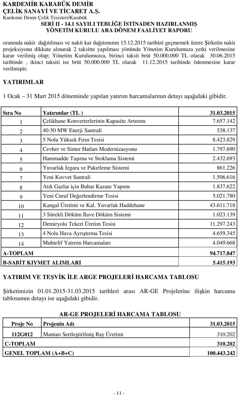 brüt 50.000.000 TL olarak 30.06.2015 tarihinde, ikinci taksiti ise brüt 50.000.000 TL olarak 11.12.2015 tarihinde ödenmesine karar verilmiştir.