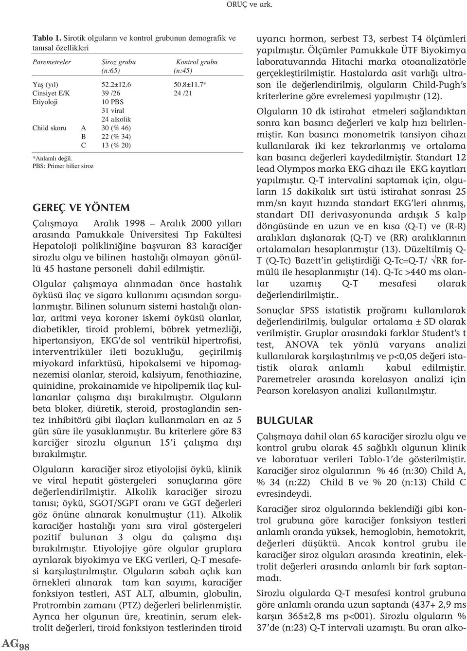 PBS: Primer bilier siroz GEREÇ VE YÖNTEM Çalışmaya Aralık 1998 Aralık 2000 yılları arasında Pamukkale Üniversitesi Tıp Fakültesi Hepatoloji polikliniğine başvuran 83 karaciğer sirozlu olgu ve bilinen