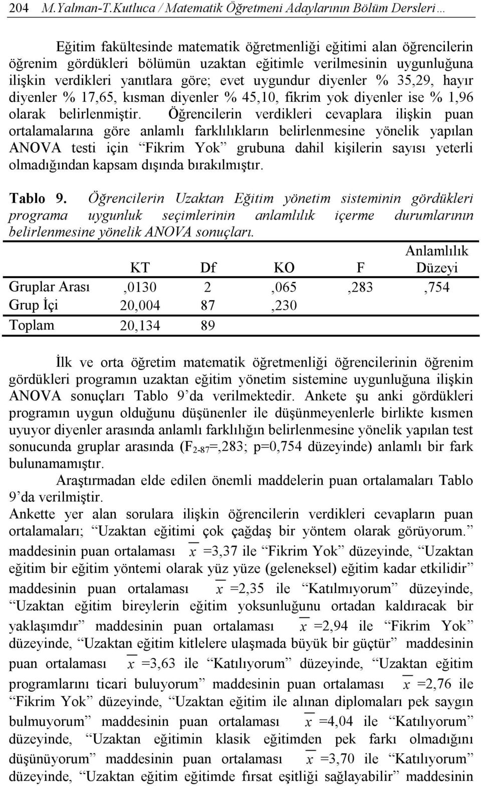 ilişkin verdikleri yanıtlara göre; evet uygundur diyenler % 35,29, hayır diyenler % 17,65, kısman diyenler % 45,10, fikrim yok diyenler ise % 1,96 olarak belirlenmiştir.