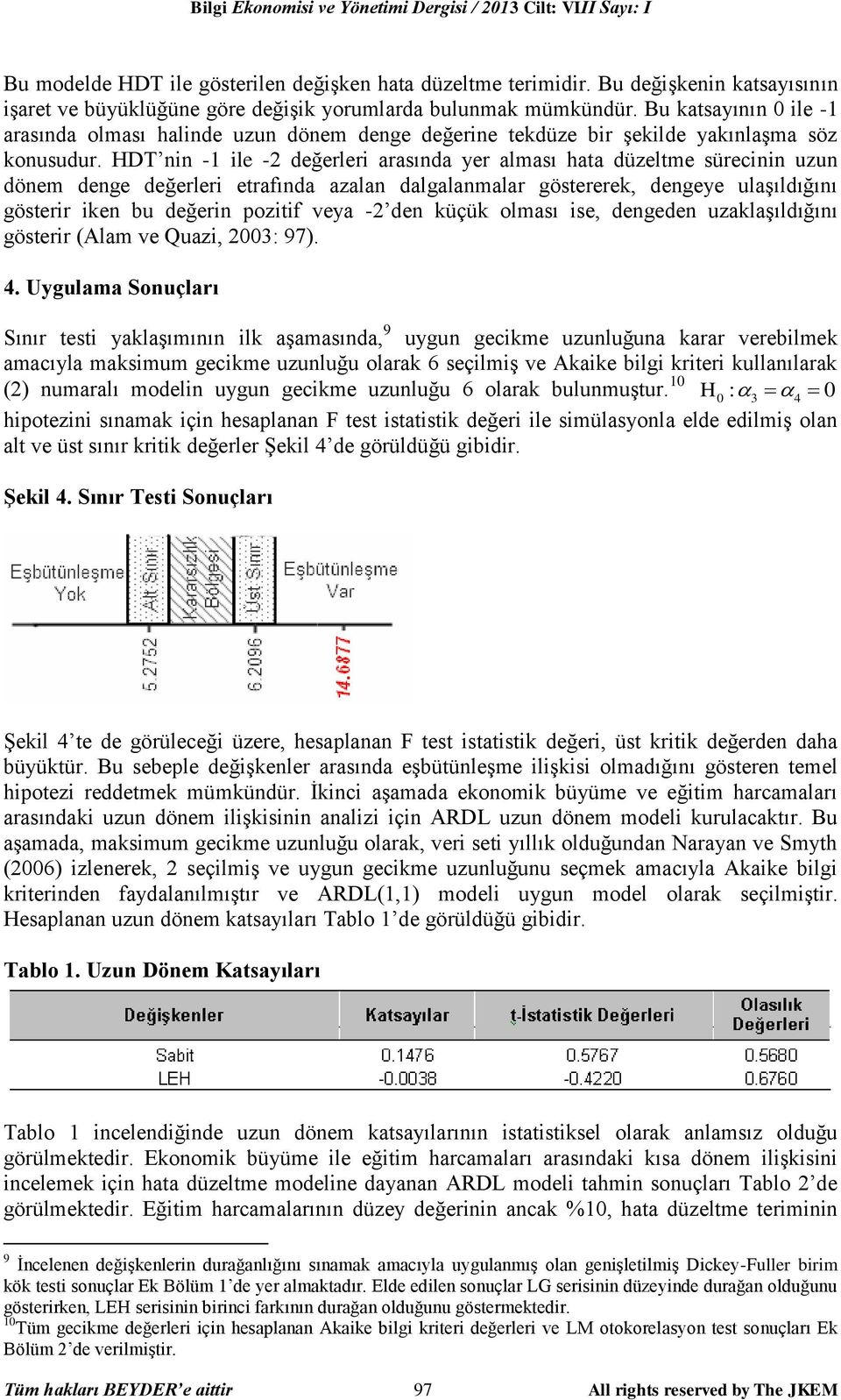 HDT nin -1 ile -2 değerleri arasında yer alması hata düzeltme sürecinin uzun dönem denge değerleri etrafında azalan dalgalanmalar göstererek, dengeye ulaşıldığını gösterir iken bu değerin pozitif