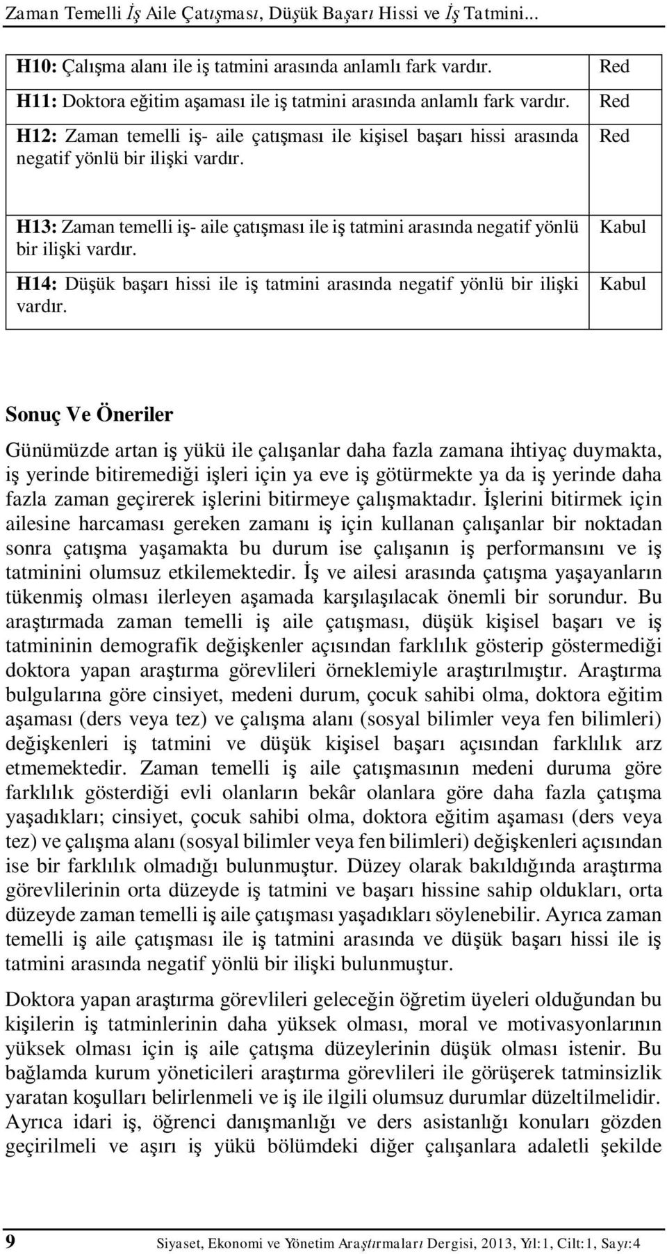 Red H13: Zaman temelli i - aile çat mas ile i tatmini aras nda negatif yönlü bir ili ki vard r. H14: Dü ük ba ar hissi ile i tatmini aras nda negatif yönlü bir ili ki vard r.