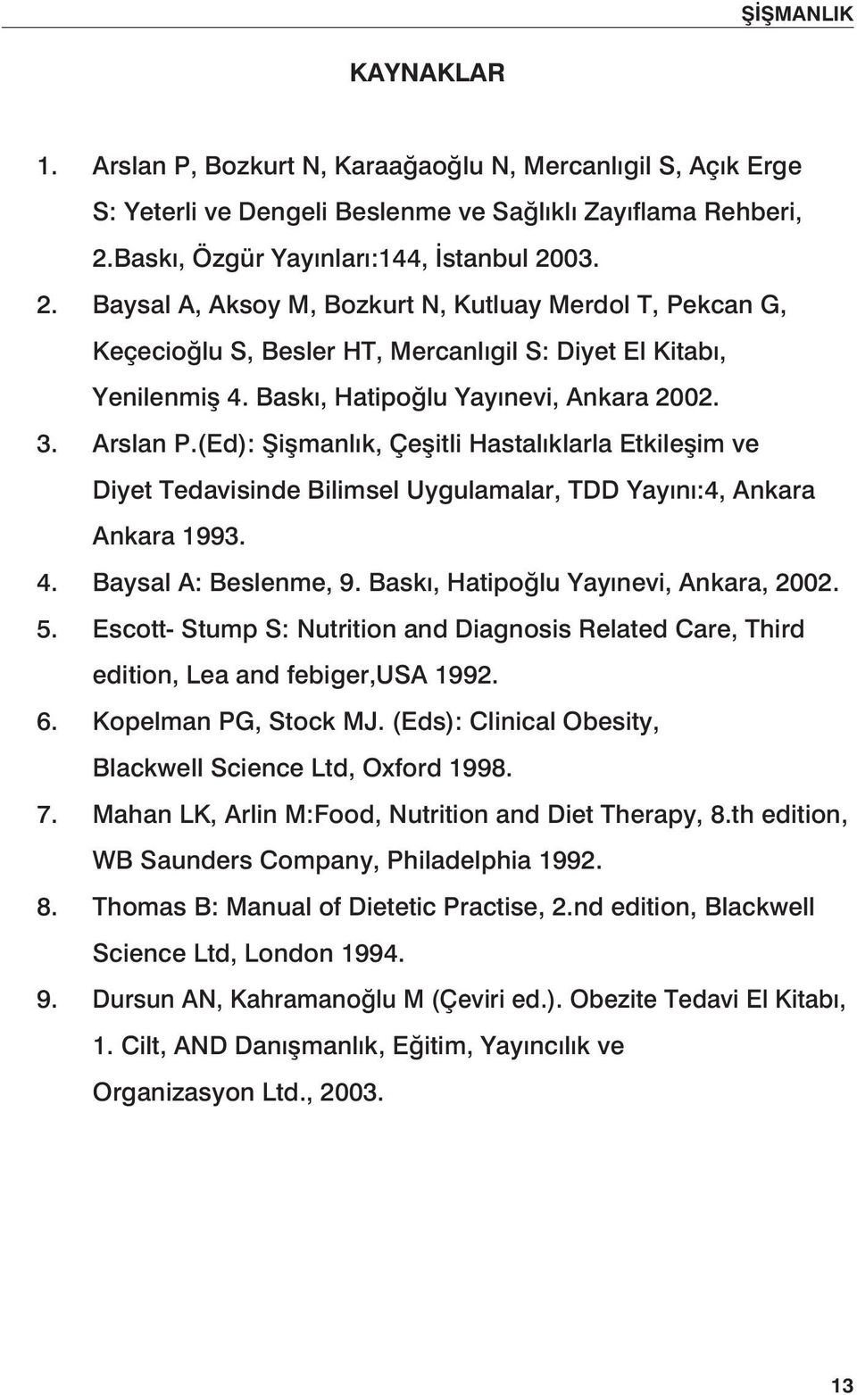 Baskı, Hatipoğlu Yayınevi, Ankara 2002. 3. Arslan P.(Ed): Şişmanlık, Çeşitli Hastalıklarla Etkileşim ve Diyet Tedavisinde Bilimsel Uygulamalar, TDD Yayını:4, Ankara Ankara 1993. 4.