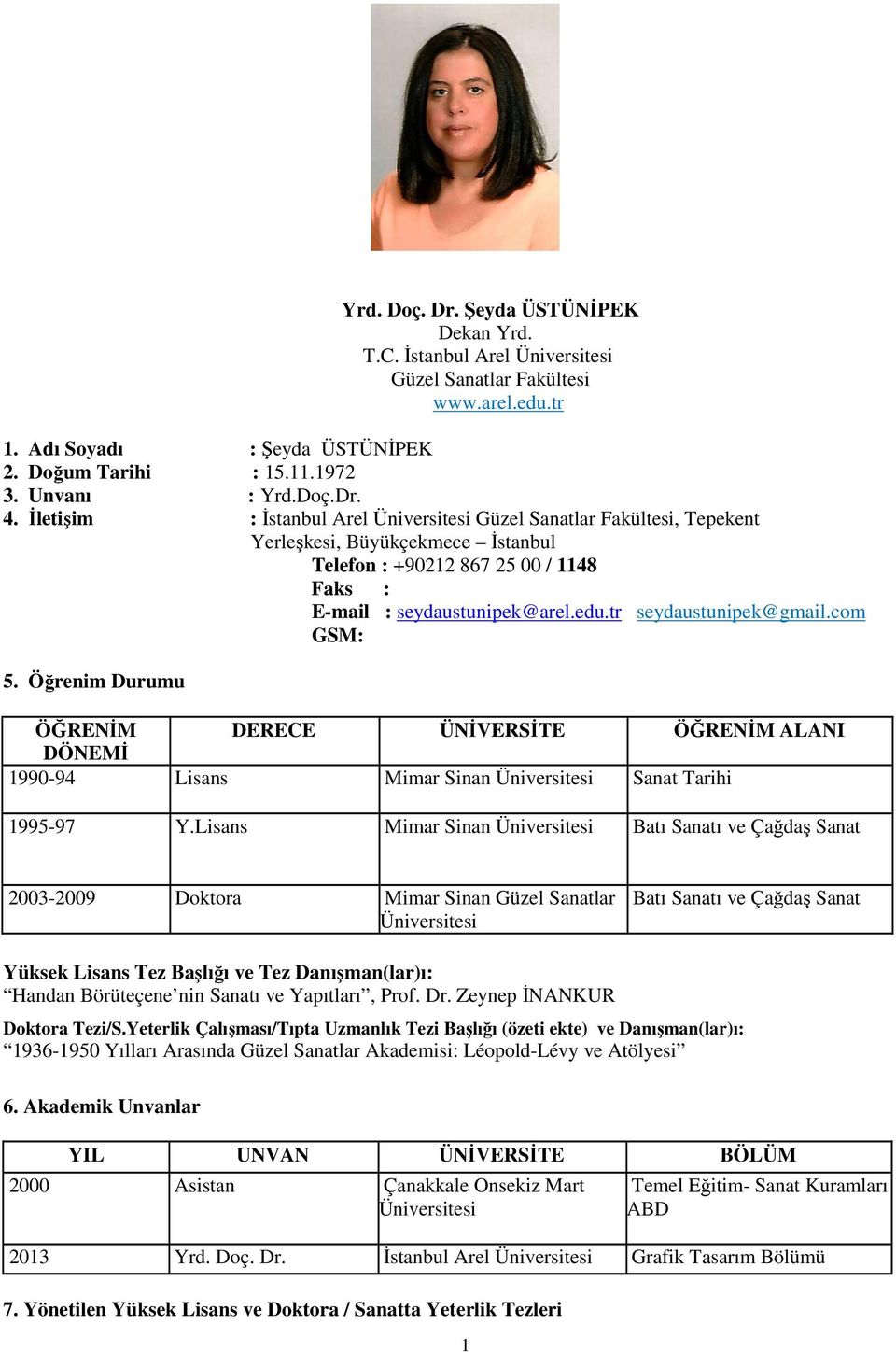 tr seydaustunipek@gmail.com GSM: 5. Öğrenim Durumu ÖĞRENİM DERECE ÜNİVERSİTE ÖĞRENİM ALANI DÖNEMİ 1990-94 Lisans Mimar Sinan Üniversitesi Sanat Tarihi 1995-97 Y.