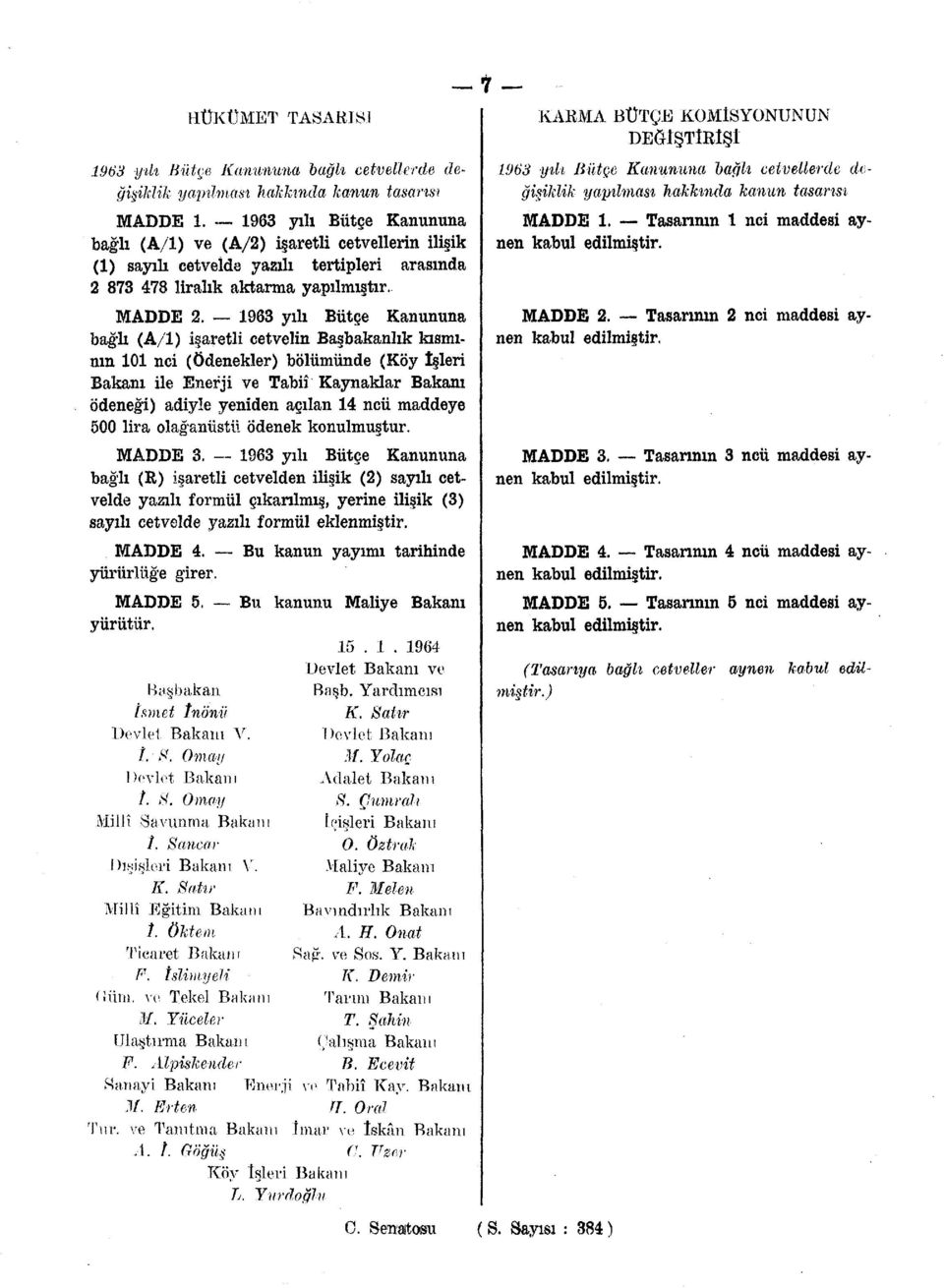 1963 yılı Bütçe Kanununa bağlı (A/l) işaretli cetvelin Başbakanlık kısmının 101 nci (Ödenekler) bölümünde (Köy îşleri Bakanı ile Enerji ve Tabiî Kaynaklar Bakanı ödeneği) adiyle yeniden açılan 14 ncü