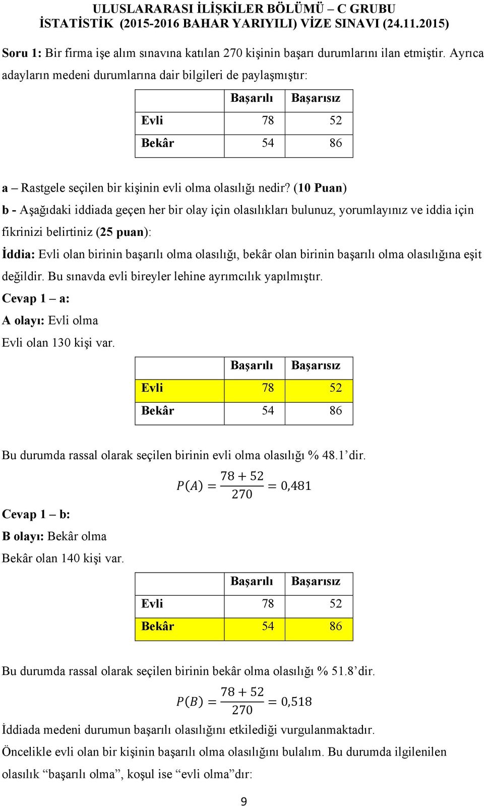 (10 Puan) b - Aşağıdaki iddiada geçen her bir olay için olasılıkları bulunuz, yorumlayınız ve iddia için fikrinizi belirtiniz (25 puan): İddia: Evli olan birinin başarılı olma olasılığı, bekâr olan