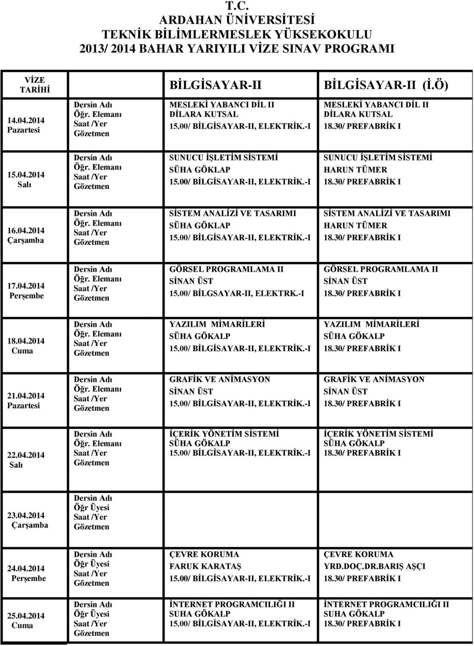 ANALİZİ VE TASARIMI SİSTEM ANALİZİ VE TASARIMI SÜHA GÖKLAP HARUN TÜMER GÖRSEL PROGRAMLAMA II GÖRSEL PROGRAMLAMA II 15.00/ BİLGSAYAR-II, ELEKTRK.-I 18.