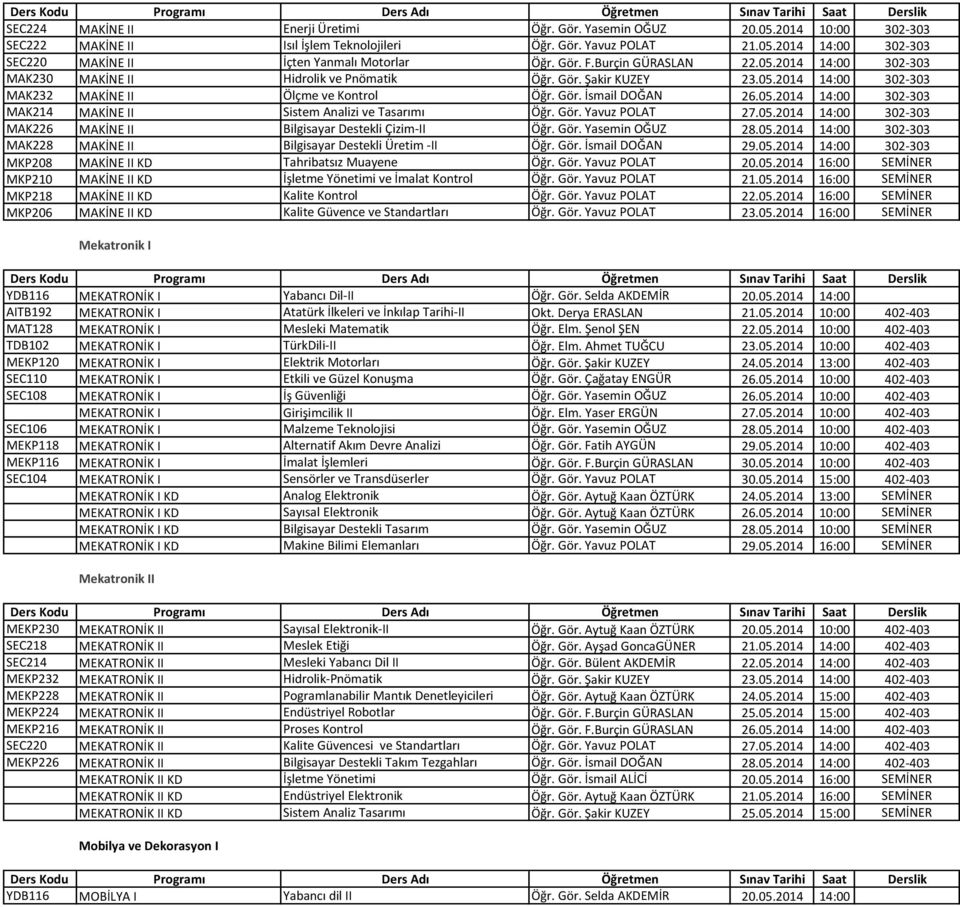 Gör. Yavuz POLAT 27.05.2014 14:00 302-303 MAK226 MAKİNE II Bilgisayar Destekli Çizim-II Öğr. Gör. Yasemin OĞUZ 28.05.2014 14:00 302-303 MAK228 MAKİNE II Bilgisayar Destekli Üretim -II Öğr. Gör. İsmail DOĞAN 29.