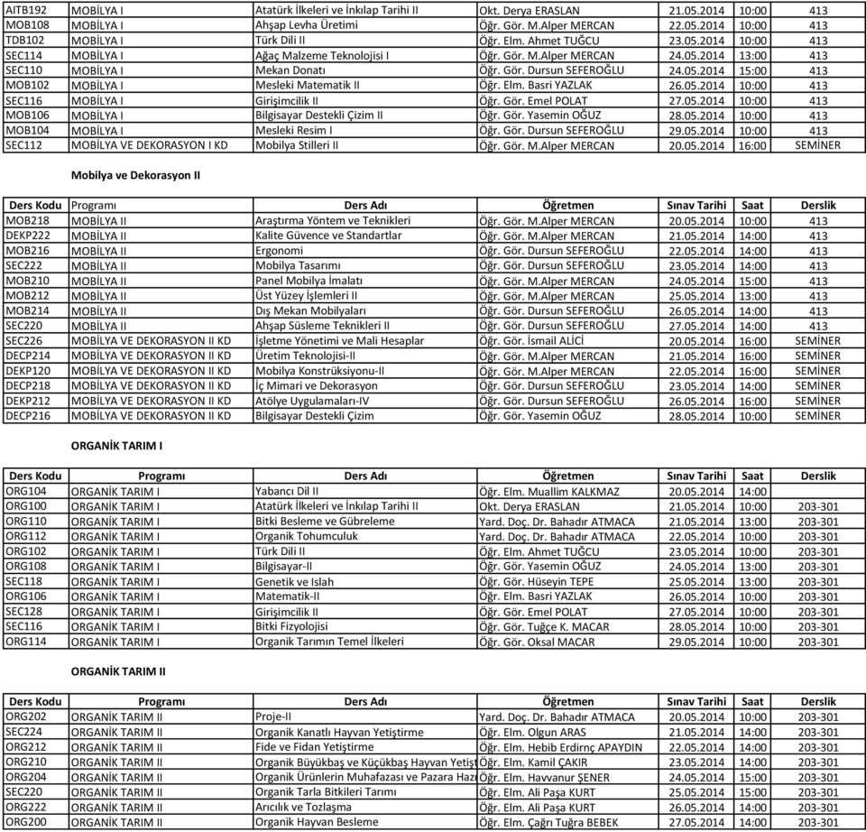 Elm. Basri YAZLAK 26.05.2014 10:00 413 SEC116 MOBİLYA I Girişimcilik II Öğr. Gör. Emel POLAT 27.05.2014 10:00 413 MOB106 MOBİLYA I Bilgisayar Destekli Çizim II Öğr. Gör. Yasemin OĞUZ 28.05.2014 10:00 413 MOB104 MOBİLYA I Mesleki Resim I Öğr.