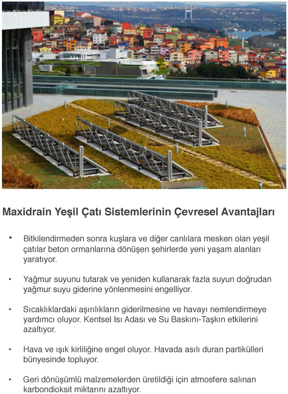 Sıcaklıklardaki aşırılıkların giderilmesine ve havayı nemlendirmeye yardımcı oluyor. Kentsel Isı Adası ve Su Baskını-Taşkın etkilerini azaltıyor.