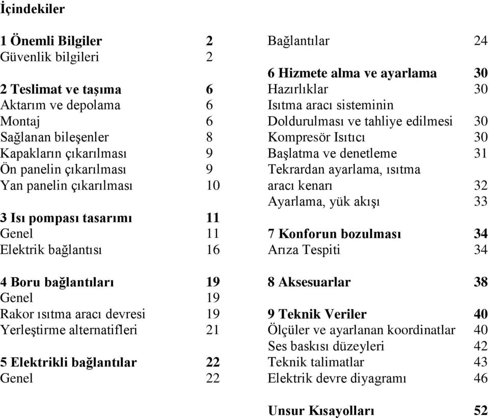 22 Bağlantılar 24 6 Hizmete alma ve ayarlama 30 Hazırlıklar 30 Isıtma aracı sisteminin Doldurulması ve tahliye edilmesi 30 Kompresör Isıtıcı 30 Başlatma ve denetleme 31 Tekrardan ayarlama, ısıtma