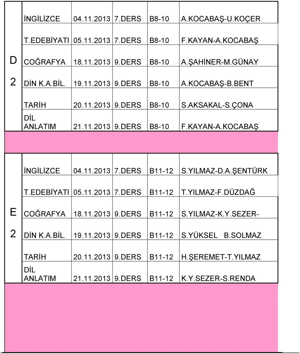 KOCABAŞ İNGİLİZCE 04.11.2013 7.DERS B11-12 S.YILMAZ-D.A.ŞENTÜRK T.EDEBİYATI 05.11.2013 7.DERS B11-12 T.YILMAZ-F.DÜZDAĞ E COĞRAFYA 18.11.2013 9.DERS B11-12 S.YILMAZ-K.