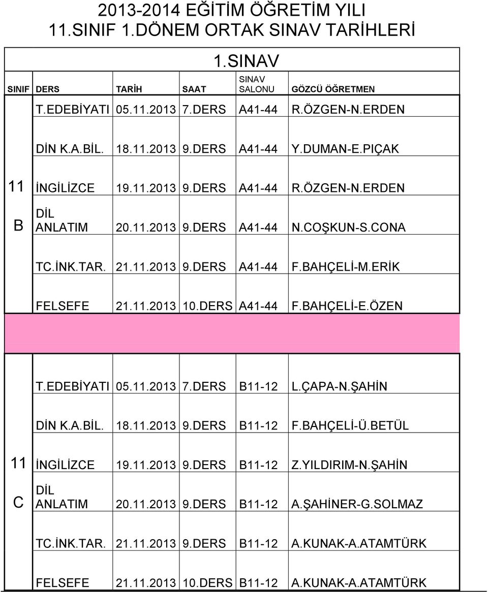 BAHÇELİ-M.ERİK FELSEFE 21.11.2013 10.DERS A41-44 F.BAHÇELİ-E.ÖZEN T.EDEBİYATI 05.11.2013 7.DERS B11-12 L.ÇAPA-N.ŞAHİN DİN K.A.BİL. 18.11.2013 9.DERS B11-12 F.BAHÇELİ-Ü.BETÜL 11 İNGİLİZCE 19.11.2013 9.DERS B11-12 Z.