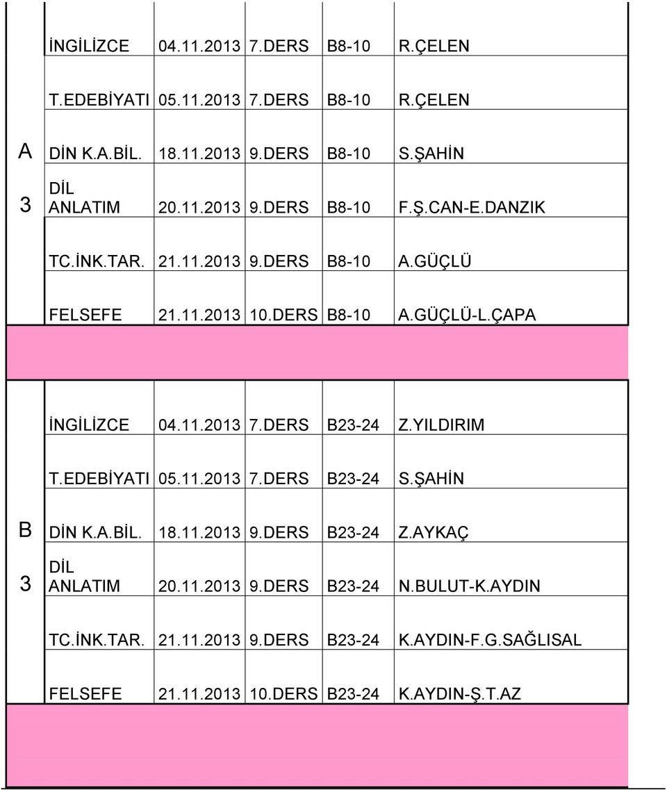 ÇAPA İNGİLİZCE 04.11.2013 7.DERS B23-24 Z.YILDIRIM T.EDEBİYATI 05.11.2013 7.DERS B23-24 S.ŞAHİN B DİN K.A.BİL. 18.11.2013 9.DERS B23-24 Z.AYKAÇ 3 ANLATIM 20.