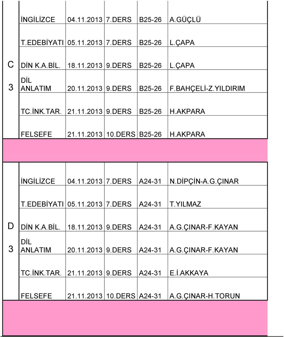 DERS A24-31 N.DİPÇİN-A.G.ÇINAR T.EDEBİYATI 05.11.2013 7.DERS A24-31 T.YILMAZ D DİN K.A.BİL. 18.11.2013 9.DERS A24-31 A.G.ÇINAR-F.KAYAN 3 ANLATIM 20.