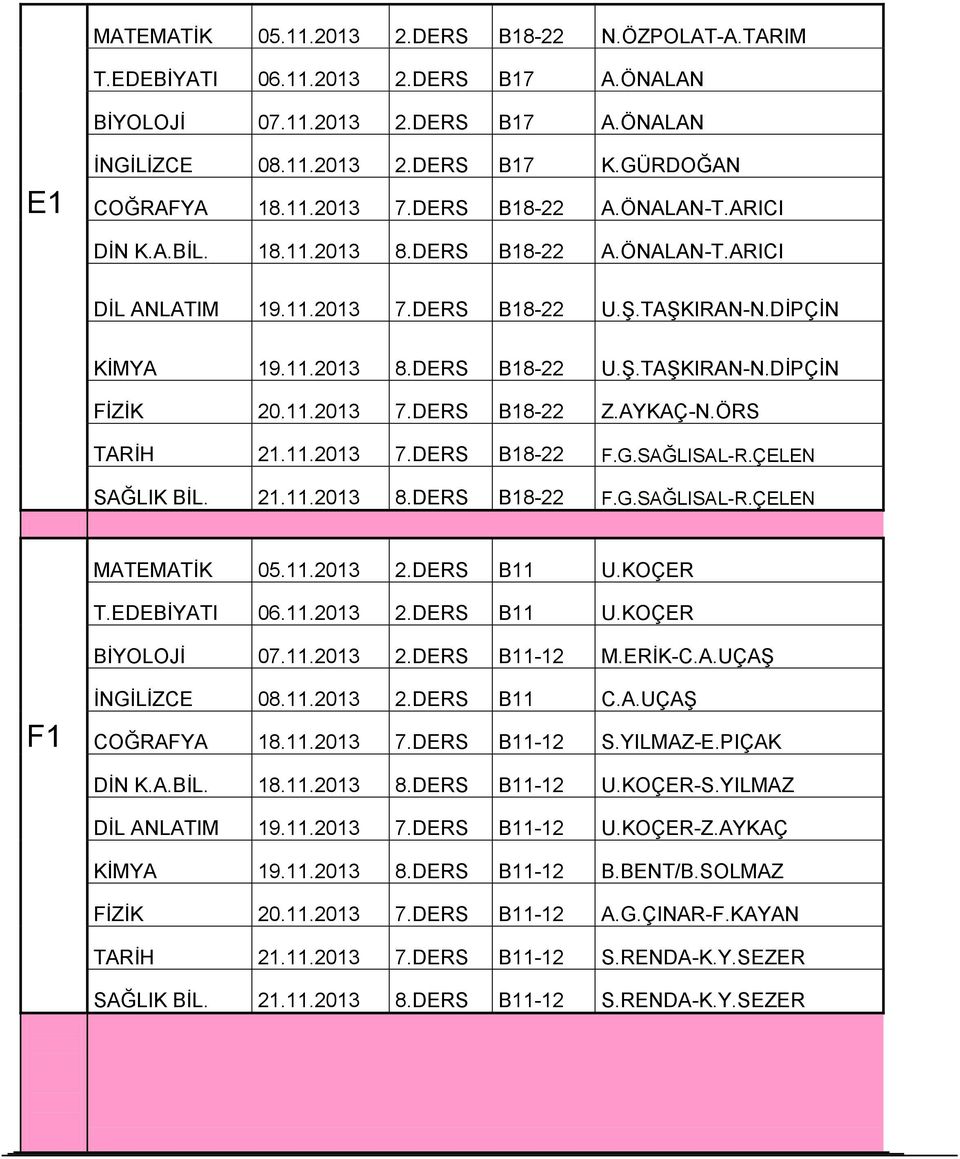 11.2013 7.DERS B18-22 Z.AYKAÇ-N.ÖRS TARİH 21.11.2013 7.DERS B18-22 F.G.SAĞLISAL-R.ÇELEN SAĞLIK BİL. 21.11.2013 8.DERS B18-22 F.G.SAĞLISAL-R.ÇELEN MATEMATİK 05.11.2013 2.DERS B11 U.KOÇER T.