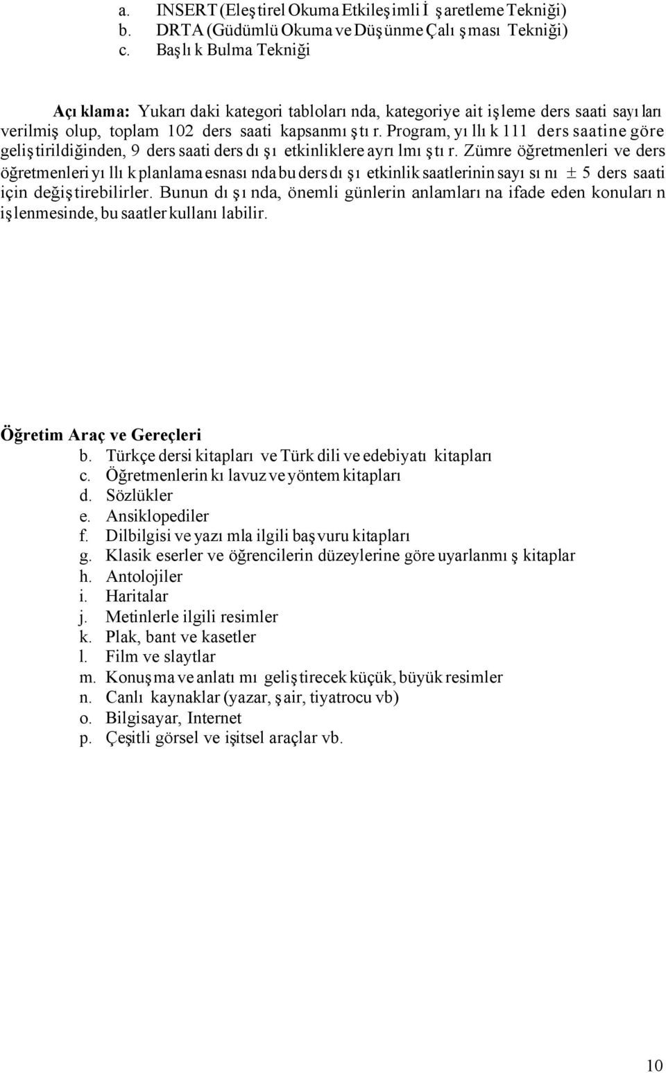 Program, yıllık 111 ders saatine göre geliştirildiğinden, 9 ders saati ders dışı etkinliklere ayrılmıştır.