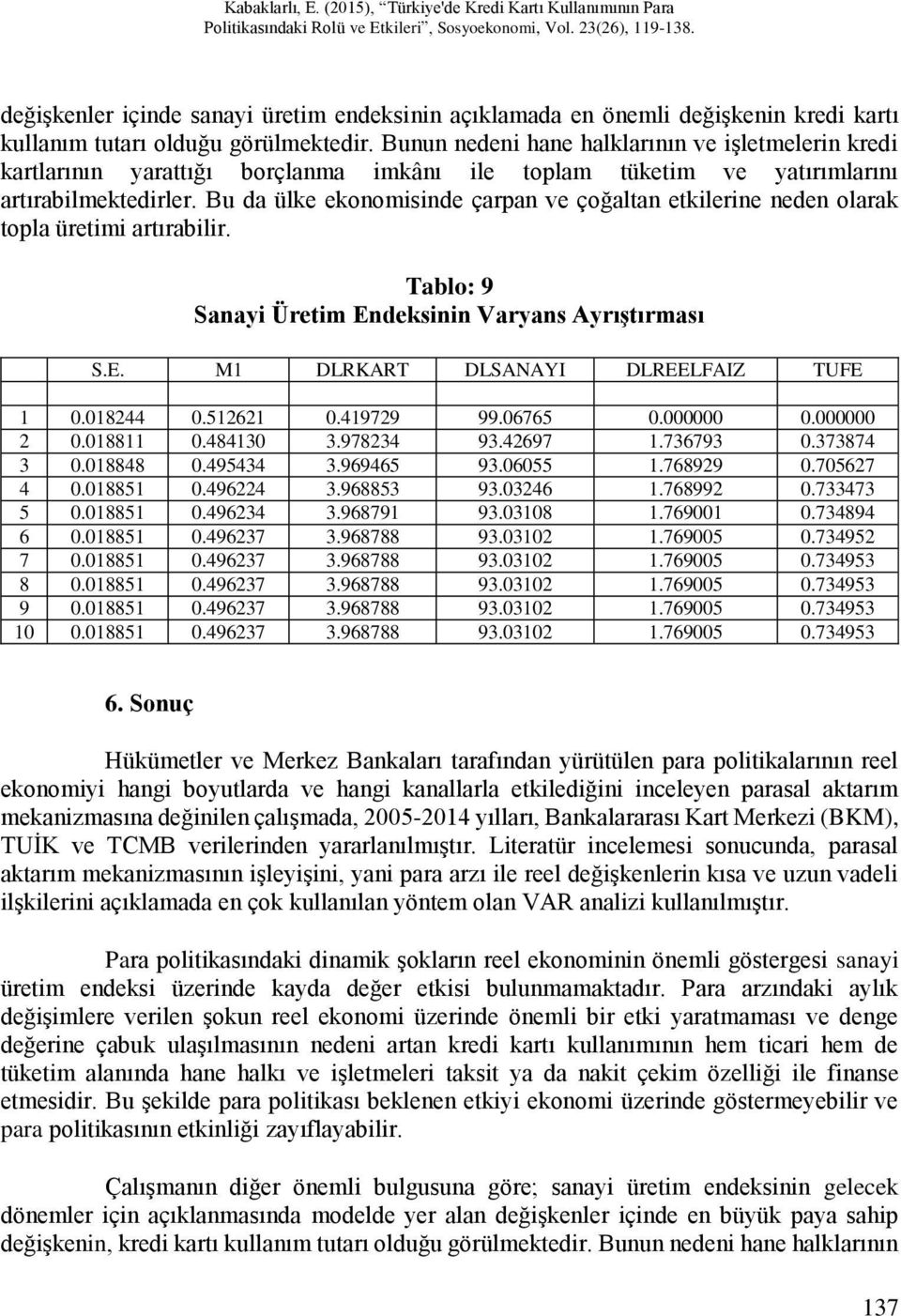 Bu da ülke ekonomisinde çarpan ve çoğaltan etkilerine neden olarak topla üretimi artırabilir. Tablo: 9 Sanayi Üretim Endeksinin Varyans Ayrıştırması S.E. M1 DLRKART DLSANAYI DLREELFAIZ TUFE 1 0.