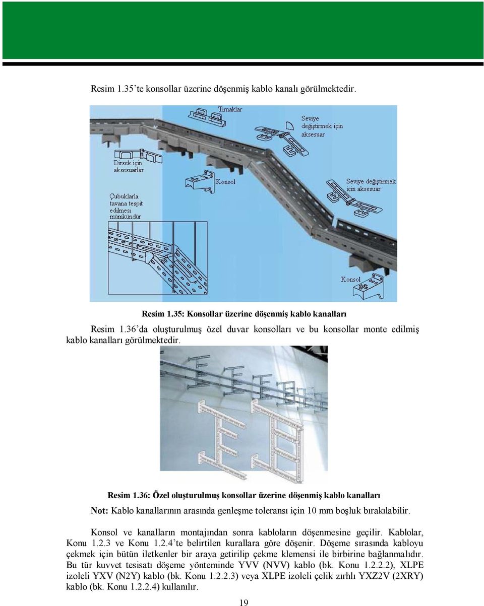 36: Özel oluşturulmuş konsollar üzerine döşenmiş kablo kanalları Not: Kablo kanallarının arasında genleşme toleransı için 10 mm boşluk bırakılabilir.