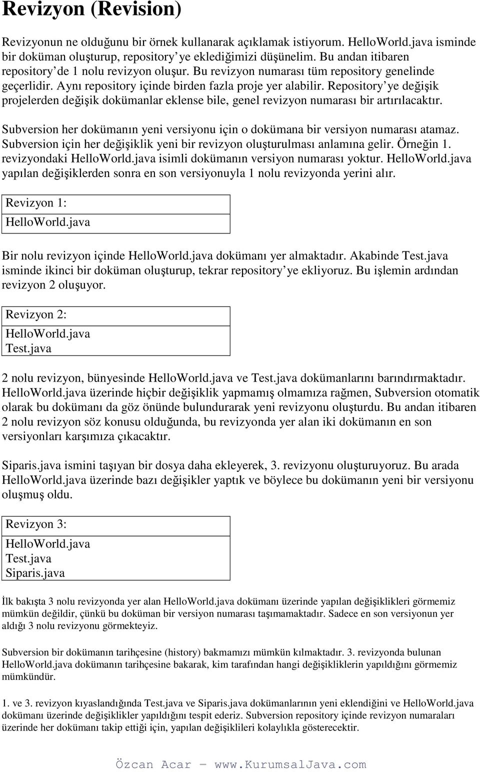 Repository ye değişik projelerden değişik dokümanlar eklense bile, genel revizyon numarası bir artırılacaktır. Subversion her dokümanın yeni versiyonu için o dokümana bir versiyon numarası atamaz.