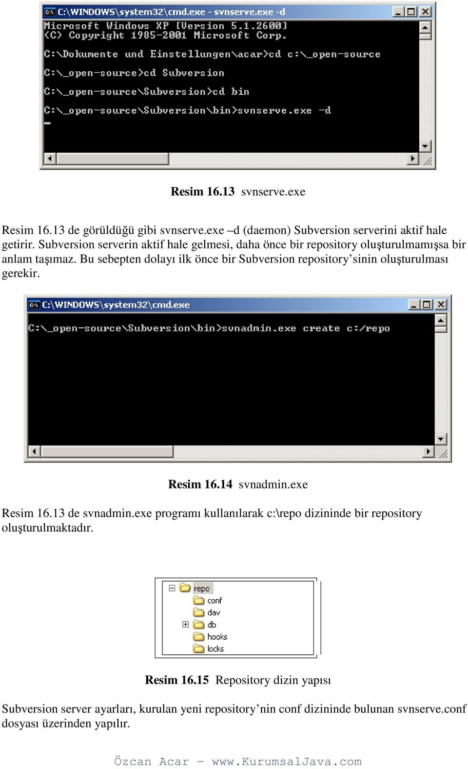 Bu sebepten dolayı ilk önce bir Subversion repository sinin oluşturulması gerekir. Resim 16.14 svnadmin.exe Resim 16.13 de svnadmin.