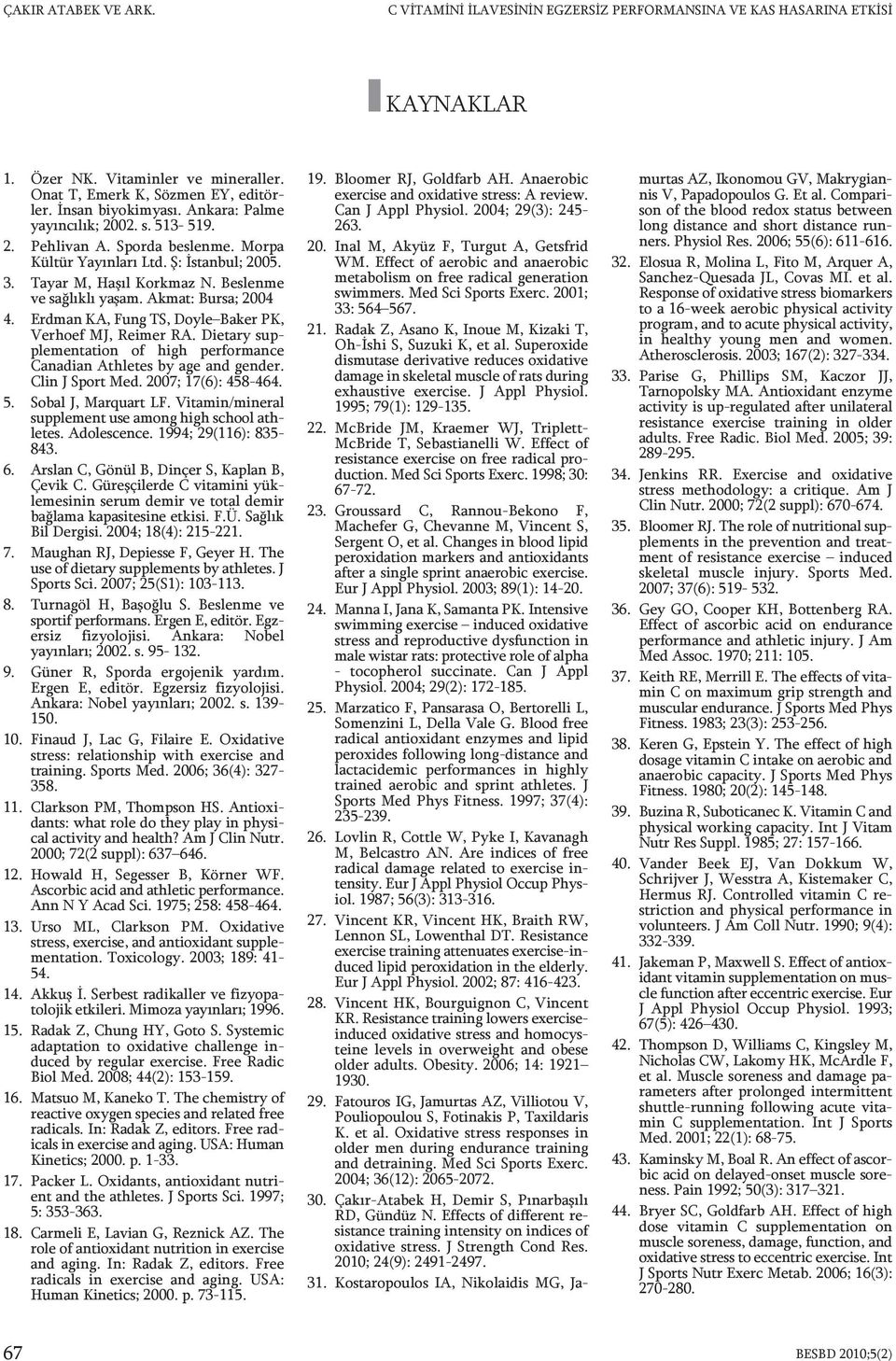 Akmat: Bursa; 2004 4. Erdman KA, Fung TS, Doyle Baker PK, Verhoef MJ, Reimer RA. Dietary supplementation of high performance Canadian Athletes by age and gender. Clin J Sport Med.