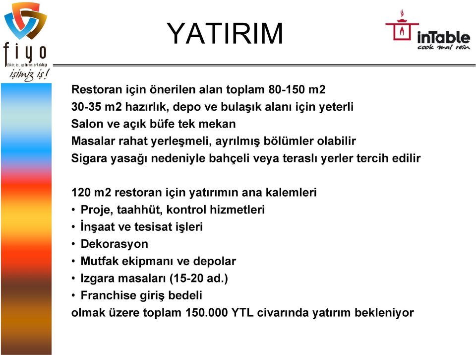 edilir 120 m2 restoran için yatırımın ana kalemleri Proje, taahhüt, kontrol hizmetleri İnşaat ve tesisat işleri Dekorasyon