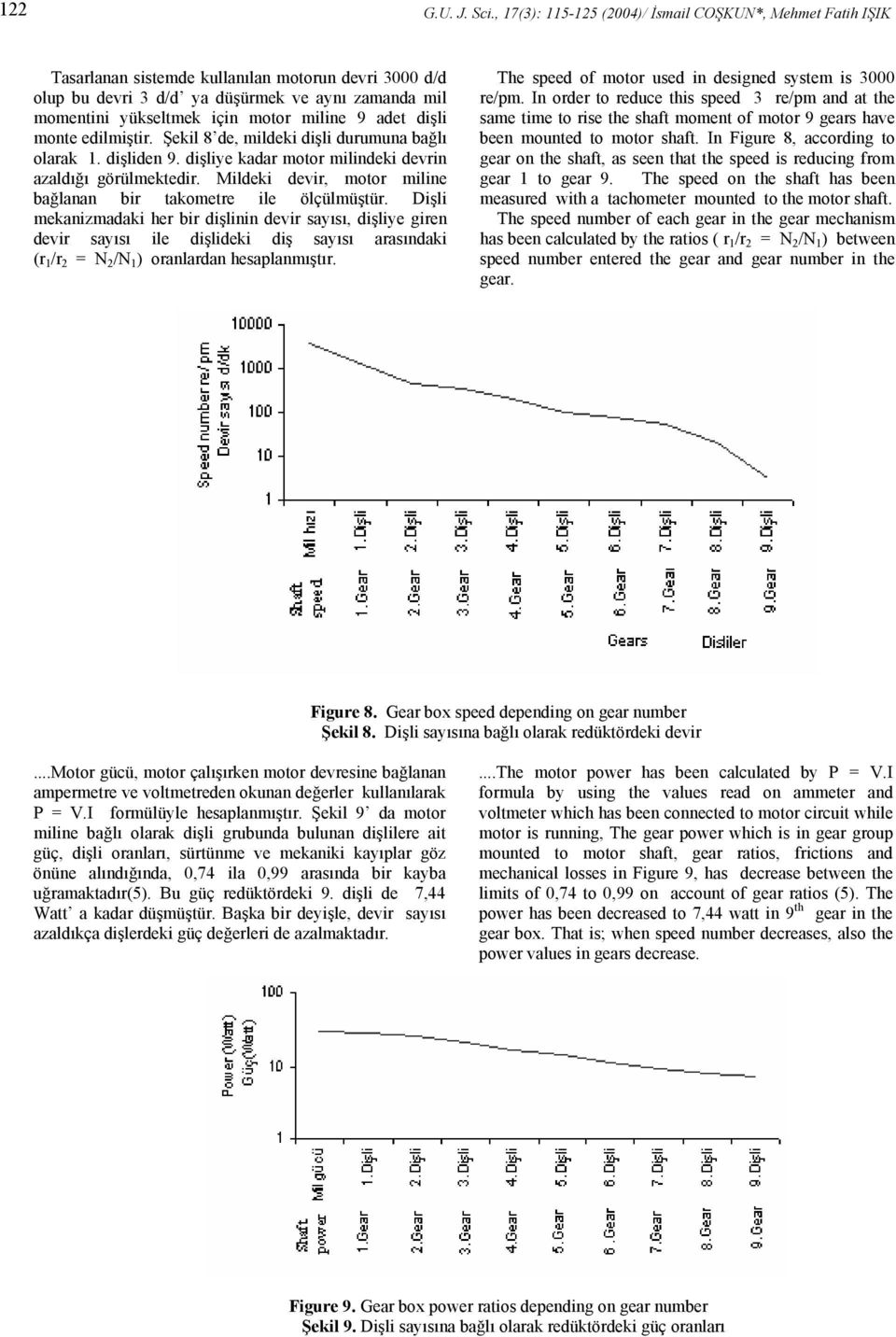 miline 9 adet dişli monte edilmiştir. Şekil 8 de, mildeki dişli durumuna bağlı olarak 1. dişliden 9. dişliye kadar motor milindeki devrin azaldığı görülmektedir.