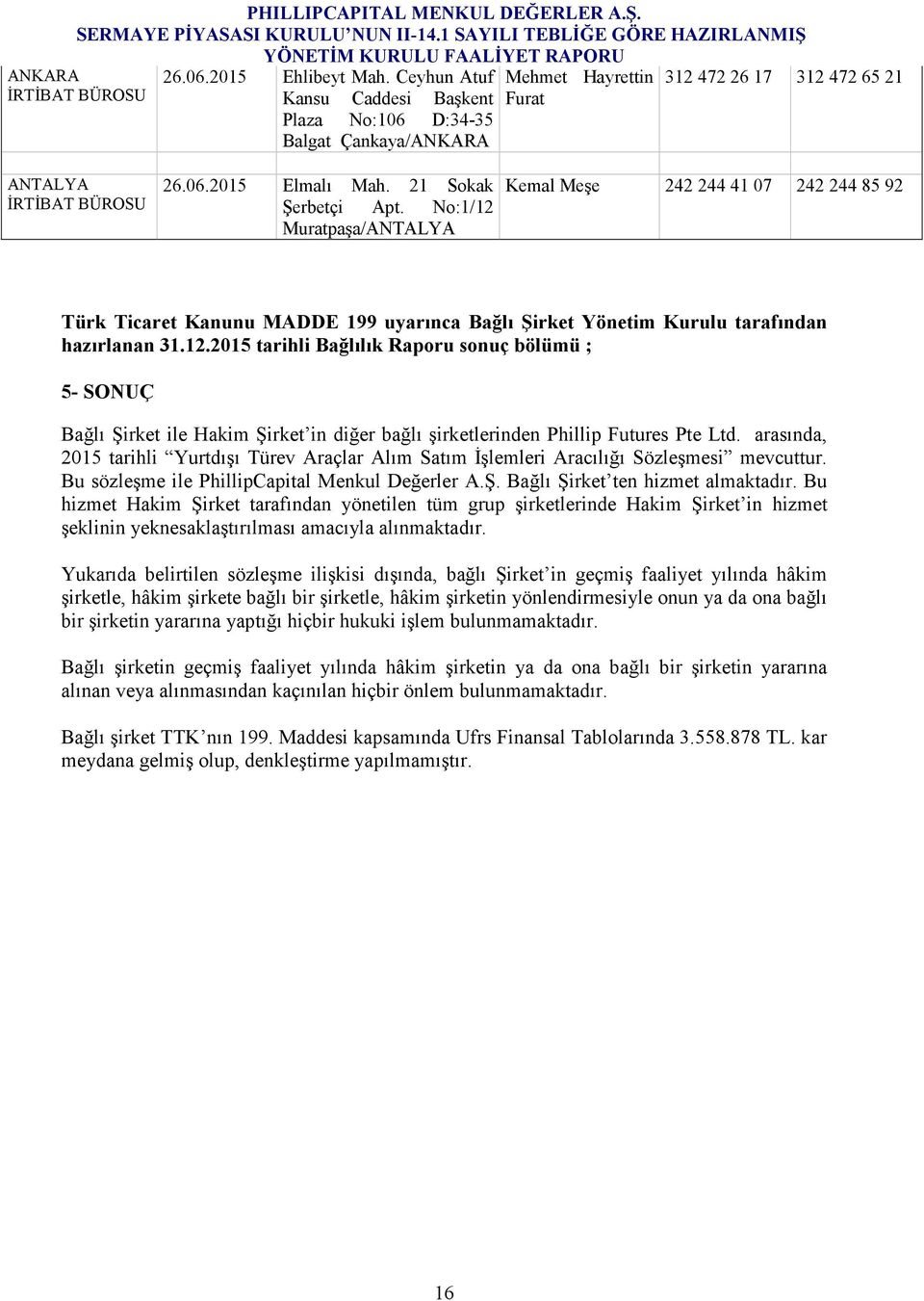 No:1/12 Muratpaşa/ANTALYA Kemal Meşe 242 244 41 07 242 244 85 92 Türk Ticaret Kanunu MADDE 199 uyarınca Bağlı Şirket Yönetim Kurulu tarafından hazırlanan 31.12.2015 tarihli Bağlılık Raporu sonuç bölümü ; 5- SONUÇ Bağlı Şirket ile Hakim Şirket in diğer bağlı şirketlerinden Phillip Futures Pte Ltd.