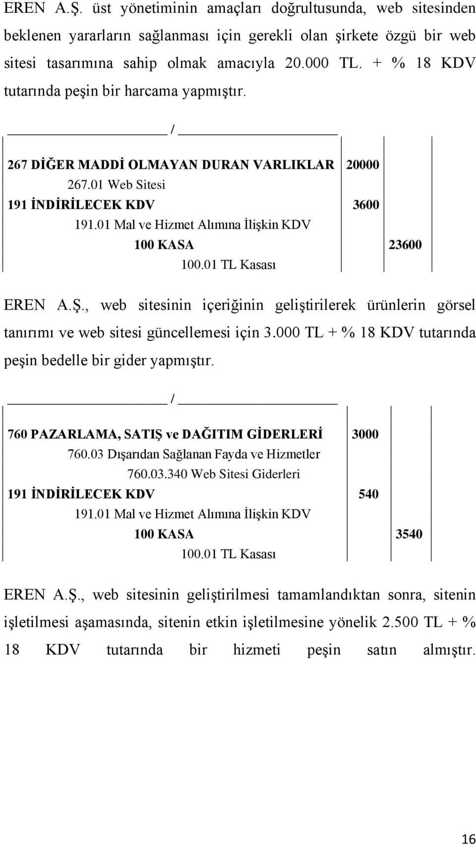 01 Mal ve Hizmet Alımına İlişkin KDV 100 KASA 23600 100.01 TL Kasası EREN A.Ş., web sitesinin içeriğinin geliştirilerek ürünlerin görsel tanırımı ve web sitesi güncellemesi için 3.