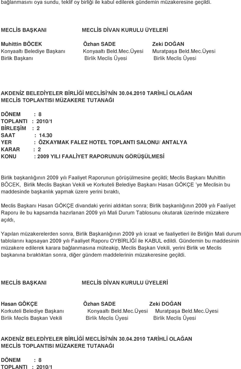 Korkuteli Belediye Başkanı Hasan GÖKÇE ye Meclisin bu maddesinde başkanlık yapmak üzere yerini bıraktı, Meclis Başkanı Hasan GÖKÇE divandaki yerini aldıktan sonra; Birlik başkanlığının 2009 yılı