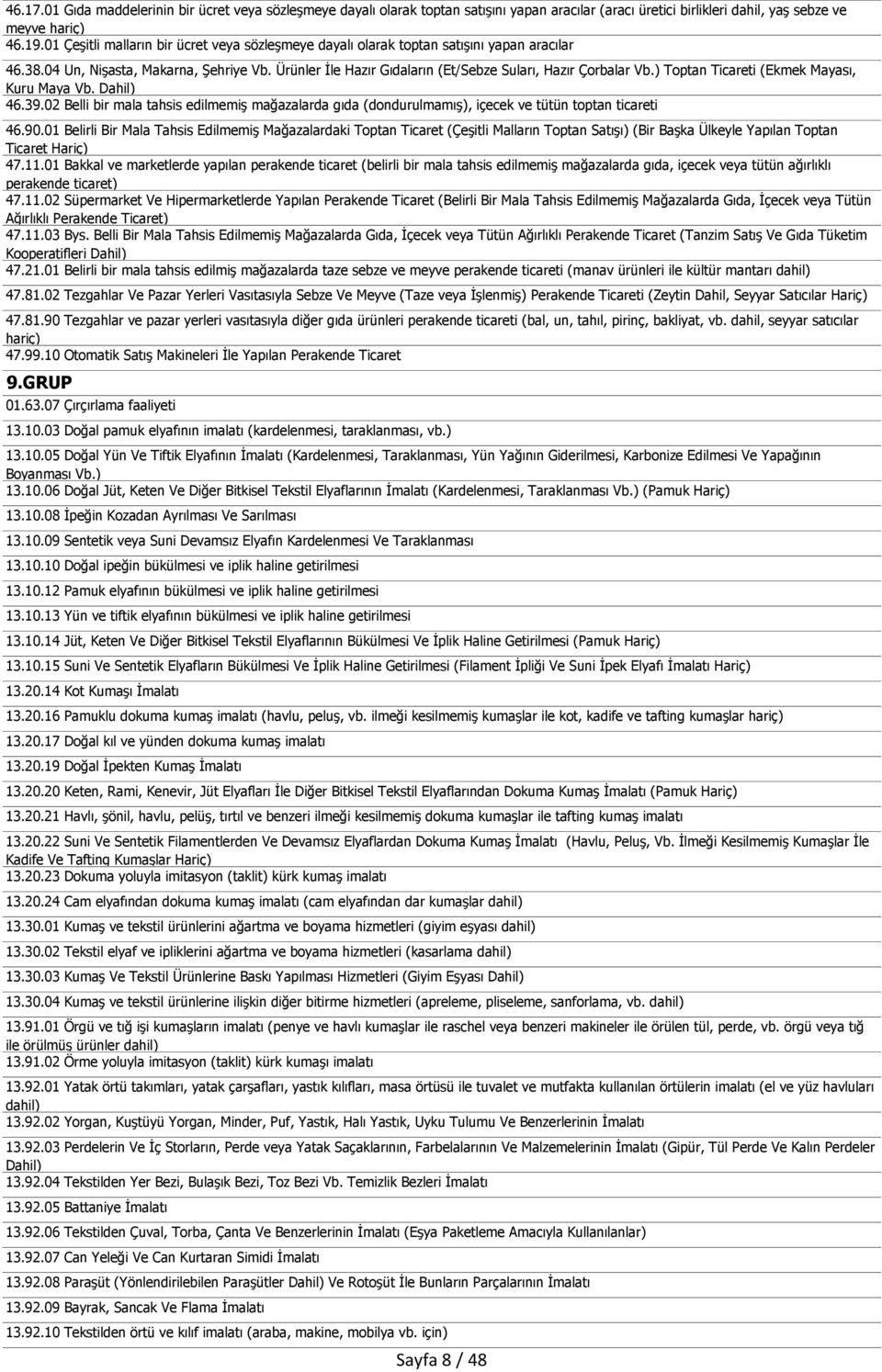 ) Toptan Ticareti (Ekmek Mayası, Kuru Maya Vb. Dahil) 46.39.02 Belli bir mala tahsis edilmemiş mağazalarda gıda (dondurulmamış), içecek ve tütün toptan ticareti 46.90.