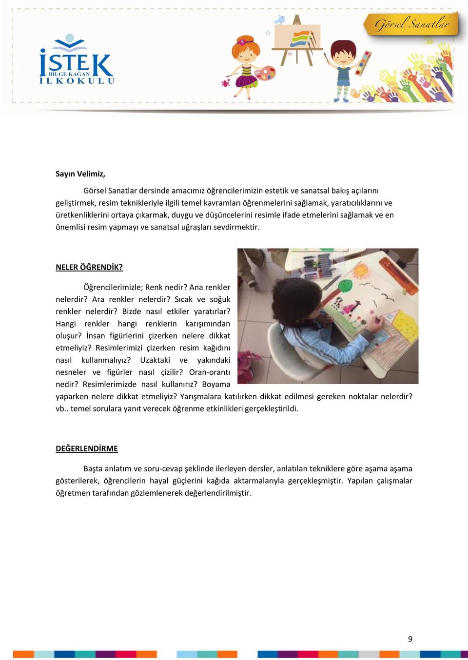 Öğrencilerimizle; Renk nedir? Ana renkler nelerdir? Ara renkler nelerdir? Sıcak ve soğuk renkler nelerdir? Bizde nasıl etkiler yaratırlar? Hangi renkler hangi renklerin karışımından oluşur?