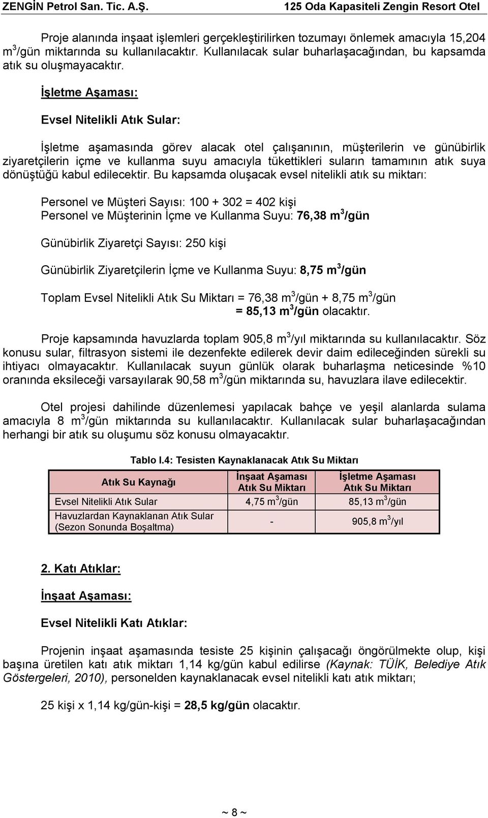 İşletme Aşaması: Evsel Nitelikli Atık Sular: İşletme aşamasında görev alacak otel çalışanının, müşterilerin ve günübirlik ziyaretçilerin içme ve kullanma suyu amacıyla tükettikleri suların tamamının