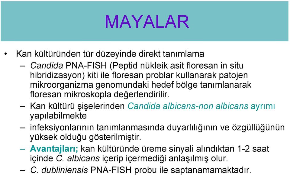 Kan kültürü şişelerinden Candida albicans-non albicans ayrımı yapılabilmekte infeksiyonlarının tanımlanmasında duyarlılığının ve özgüllüğünün yüksek