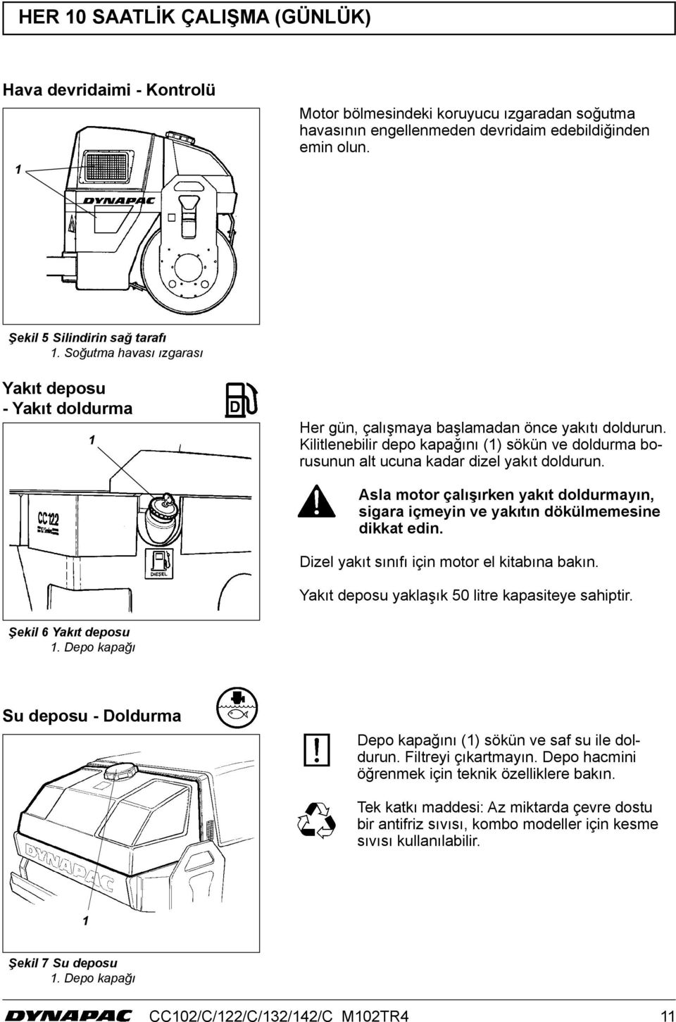 Kilitlenebilir depo kapağını () sökün ve doldurma borusunun alt ucuna kadar dizel yakıt doldurun. Asla motor çalışırken yakıt doldurmayın, sigara içmeyin ve yakıtın dökülmemesine dikkat edin.