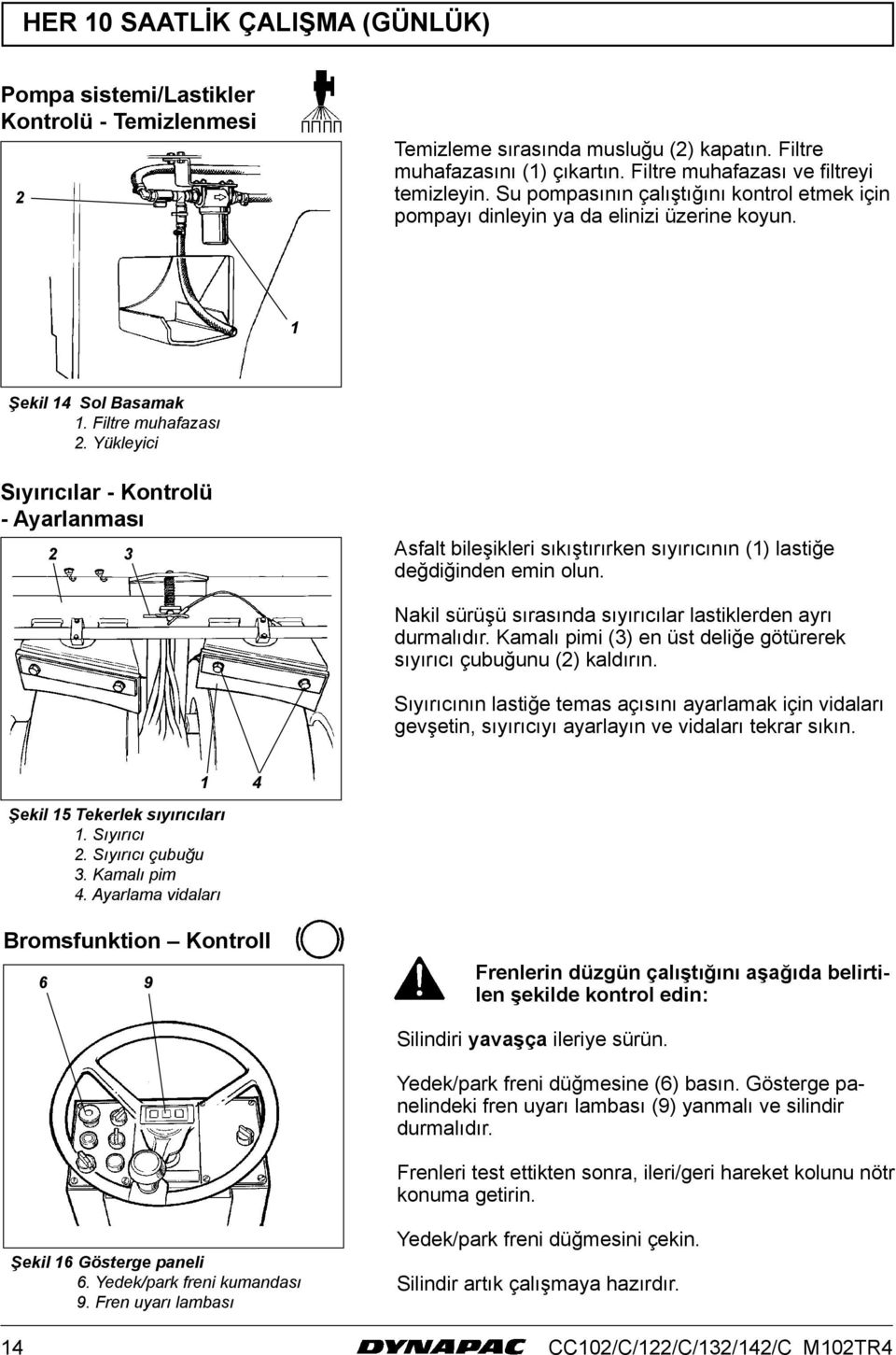 Yükleyici Sıyırıcılar - Kontrolü - Ayarlanması 2 3 Asfalt bileşikleri sıkıştırırken sıyırıcının () lastiğe değdiğinden emin olun. Nakil sürüşü sırasında sıyırıcılar lastiklerden ayrı durmalıdır.