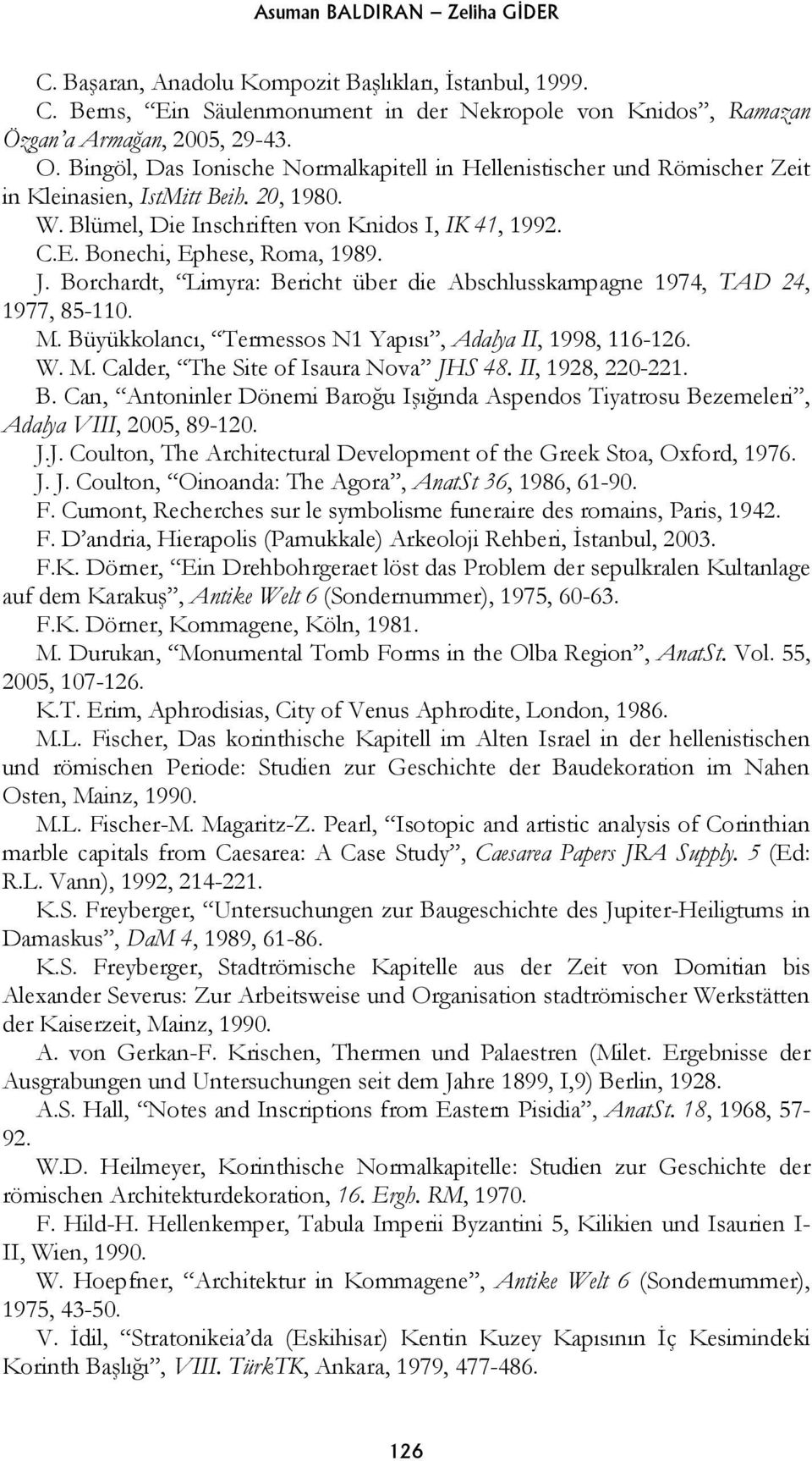 J. Borchardt, Limyra: Bericht über die Abschlusskampagne 1974, TAD 24, 1977, 85-110. M. Büyükkolancı, Termessos N1 Yapısı, Adalya II, 1998, 116-126. W. M. Calder, The Site of Isaura Nova JHS 48.