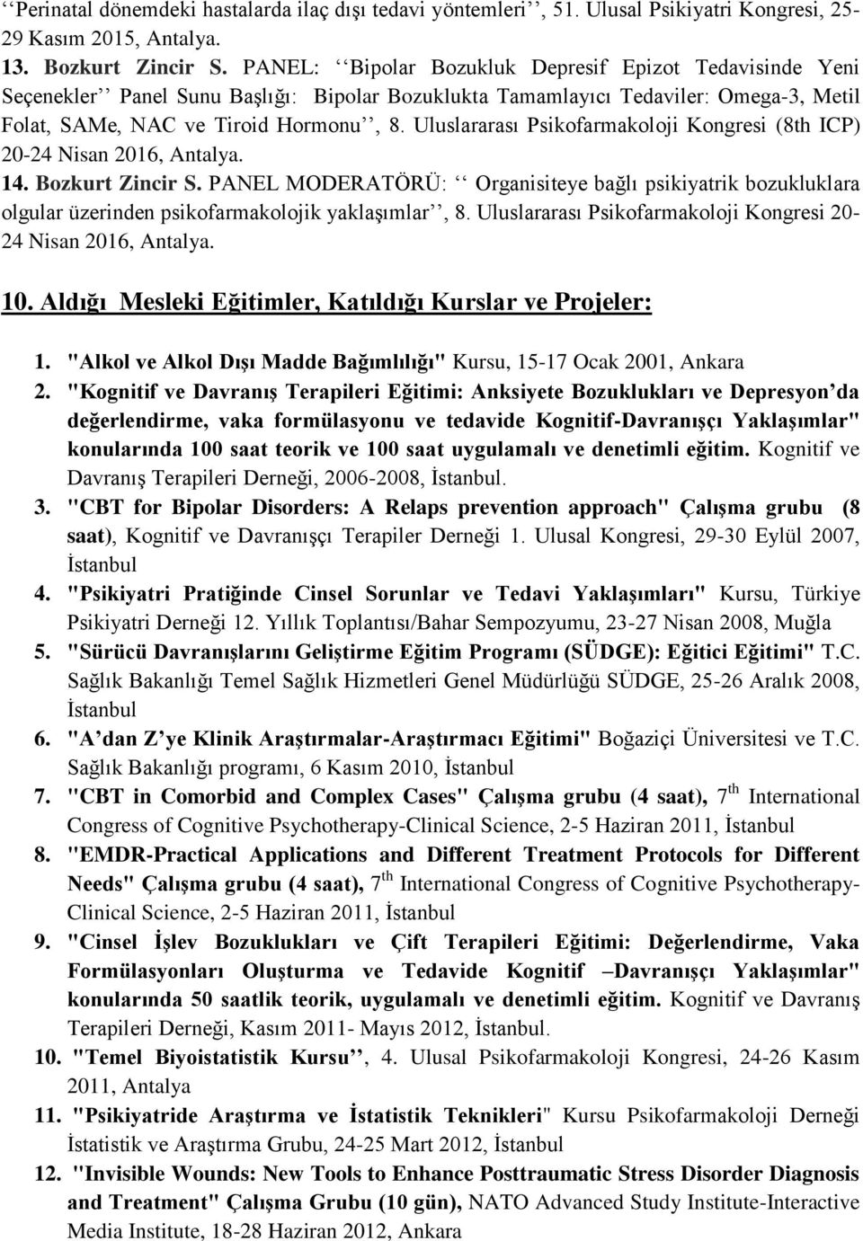 Uluslararası Psikofarmakoloji Kongresi (8th ICP) 0-4 Nisan 016, Antalya. 14. Bozkurt Zincir S.