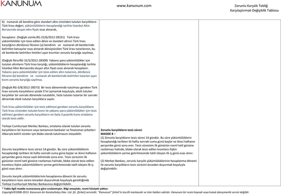 (Değişik cümle:rg-22/6/2012-28331) Türk lirası yükümlülükler için tesis edilen döviz ve standart altının Türk lirası karşılığının dördüncü fıkranın (a) bendinin ve numaralı alt bentlerinde belirtilen