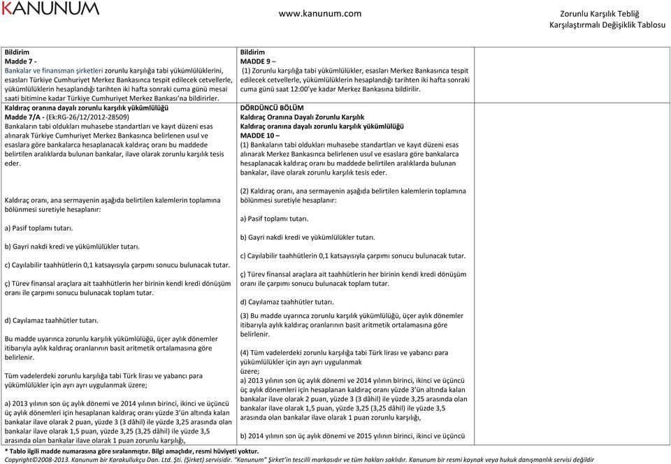 Kaldıraç oranına dayalı zorunlu karşılık yükümlülüğü Madde 7/A - (Ek:RG-26/12/2012-28509) Bankaların tabi oldukları muhasebe standartları ve kayıt düzeni esas alınarak Türkiye Cumhuriyet Merkez