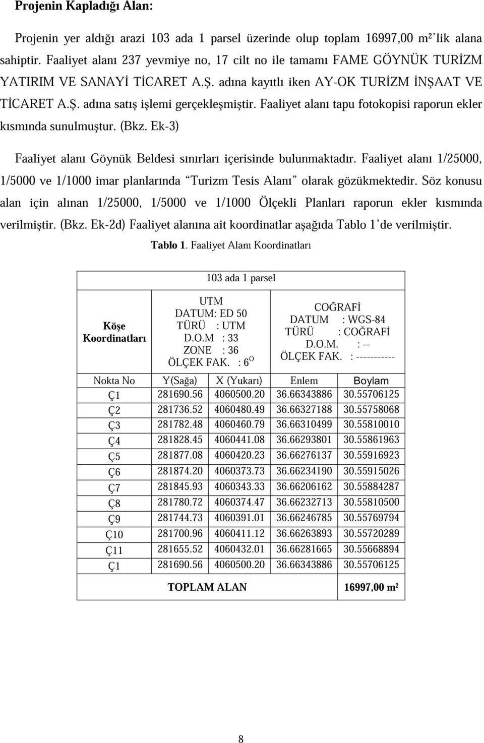 Faaliyet alanı tapu fotokopisi raporun ekler kısmında sunulmu tur. (Bkz. Ek-3) Faaliyet alanı Göynük Beldesi sınırları içerisinde bulunmaktadır.