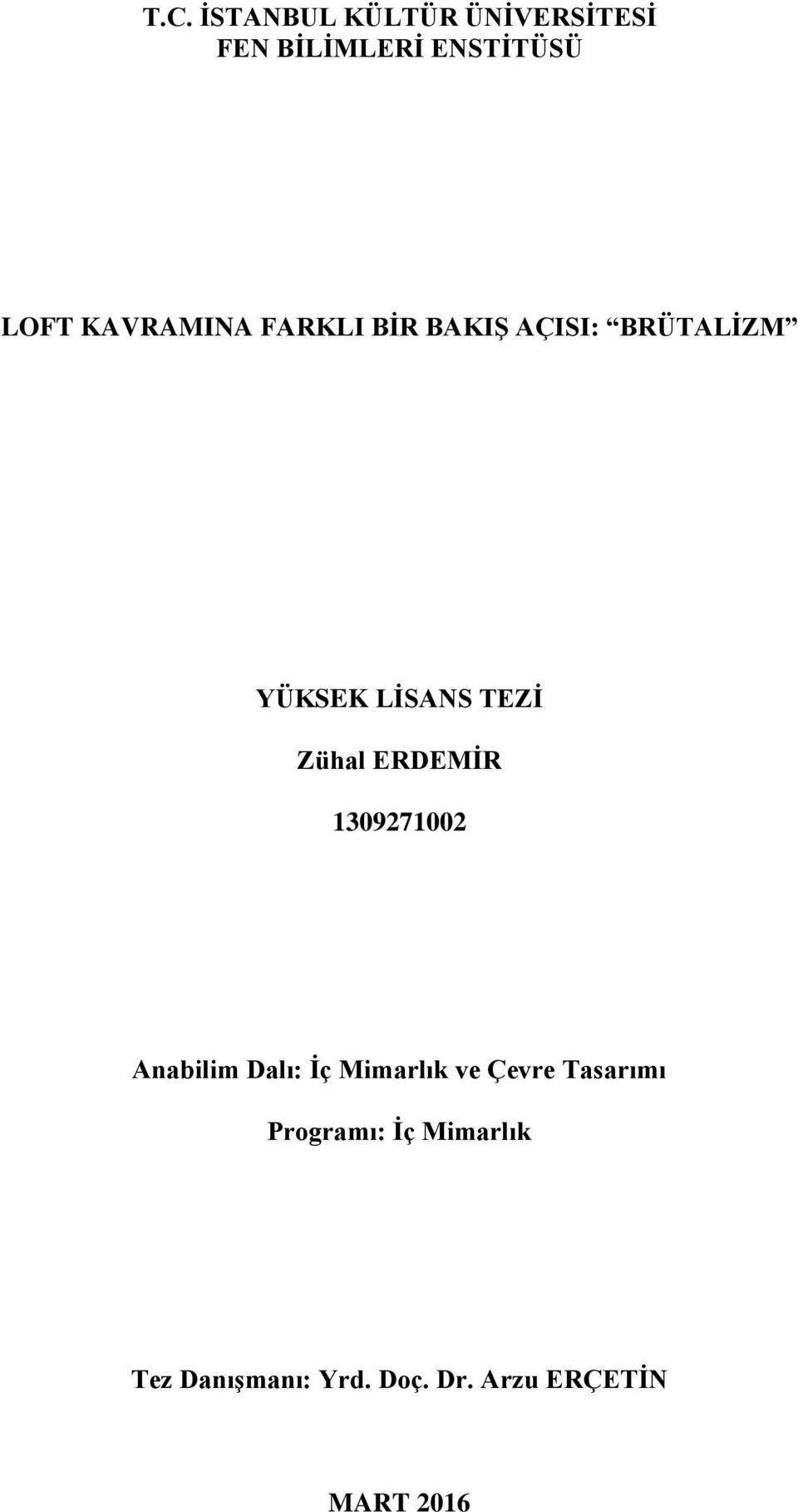 Zühal ERDEMİR 1309271002 Anabilim Dalı: İç Mimarlık ve Çevre