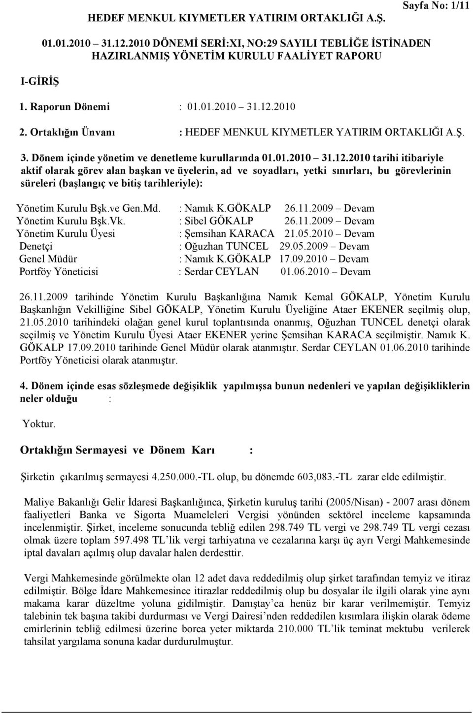 2010 2. Ortaklığın Ünvanı : HEDEF MENKUL KIYMETLER YATIRIM ORTAKLIĞI A.Ş. 3. Dönem içinde yönetim ve denetleme kurullarında 01.01.2010 31.12.