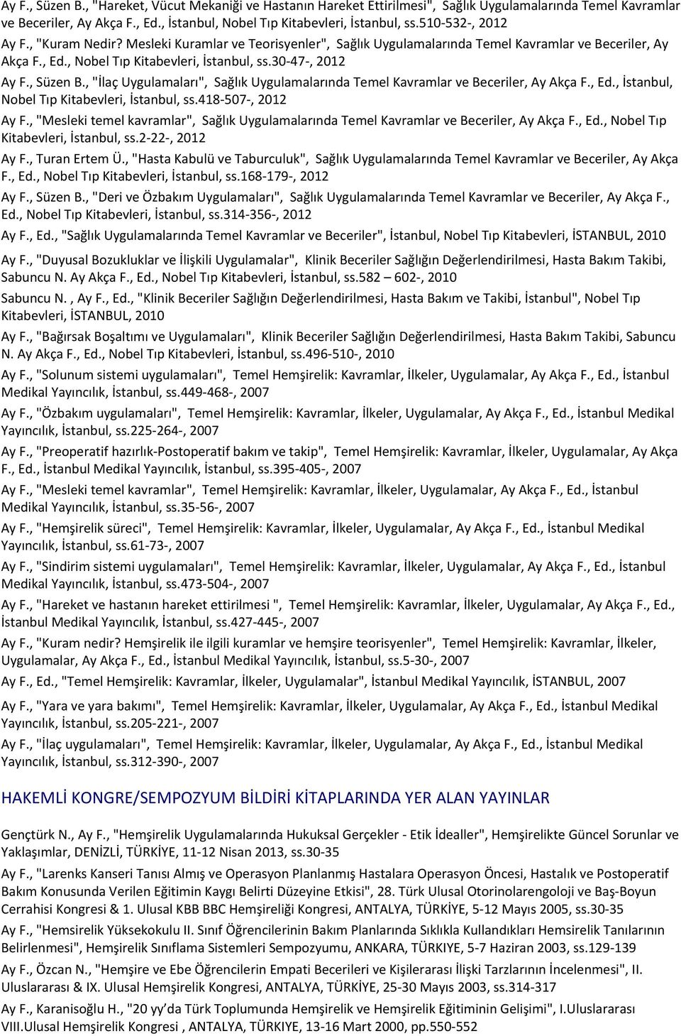 , Süzen B., "İlaç Uygulamaları", Sağlık Uygulamalarında Temel Kavramlar ve Beceriler, Ay Akça F., Ed., İstanbul, Nobel Tıp Kitabevleri, İstanbul, ss.418-507-, 2012 Ay F.