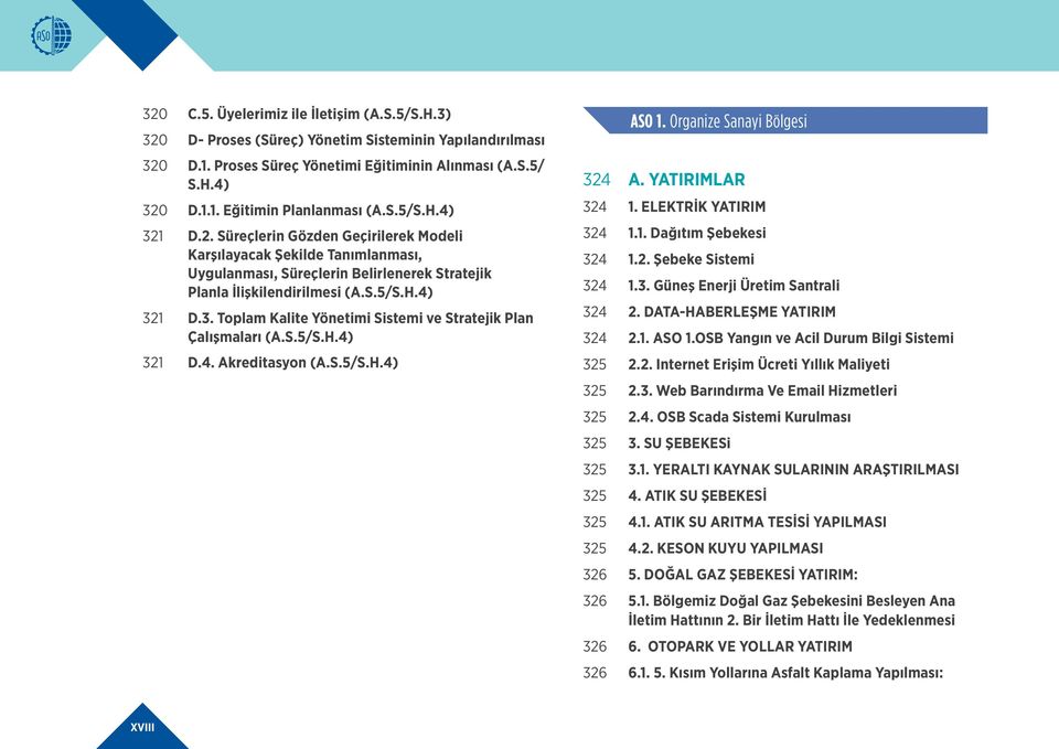 S.5/S.H.4) 321 D.4. Akreditasyon (A.S.5/S.H.4) ASO 1. Organize Sanayi Bölgesi 324 A. YATIRIMLAR 324 1. ELEKTRİK YATIRIM 324 1.1. Dağıtım Şebekesi 324 1.2. Şebeke Sistemi 324 1.3. Güneş Enerji Üretim Santrali 324 2.