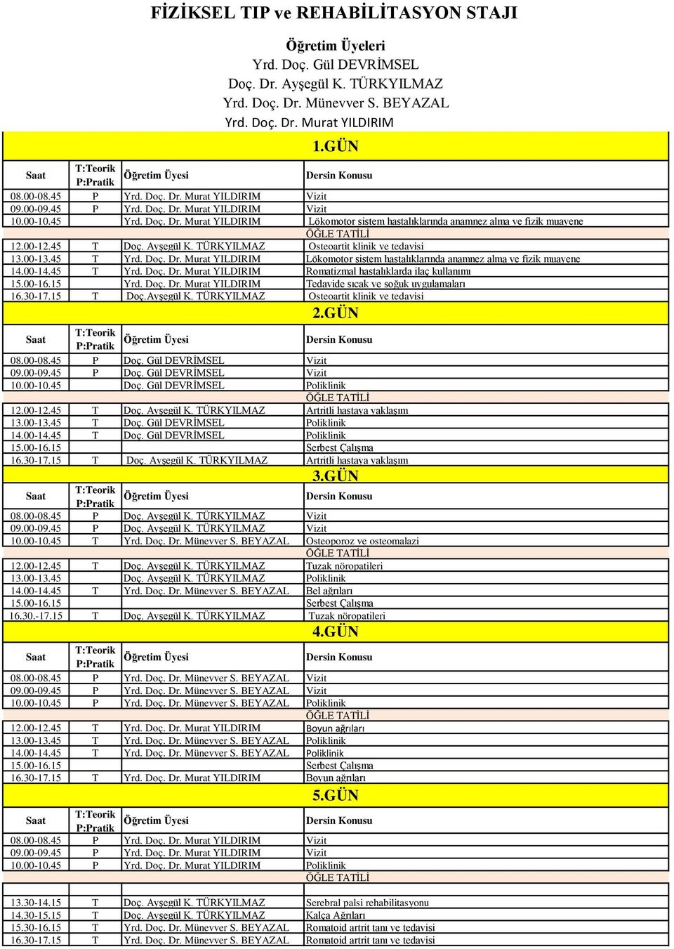 ÜRKYILMZ Osteoartit klinik ve tedavisi 13.00-13.45 Yrd. Doç. Dr. Murat YILDIRIM Lökomotor sistem hastalıklarında anamnez alma ve fizik muayene 14.00-14.45 Yrd. Doç. Dr. Murat YILDIRIM Romatizmal hastalıklarda ilaç kullanımı 15.