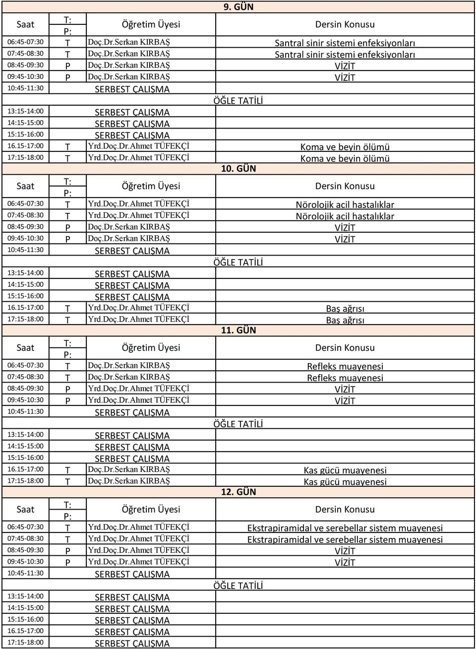 GÜN Koma ve beyin ölümü : : 06:45-07:30 Yrd.Doç.Dr.hmet ÜFKÇİ Nörolojik acil hastalıklar 07:45-08:30 Yrd.Doç.Dr.hmet ÜFKÇİ Nörolojik acil hastalıklar 08:45-09:30 Doç.Dr.Serkan KIRBŞ VİZİ 09:45-10:30 Doç.