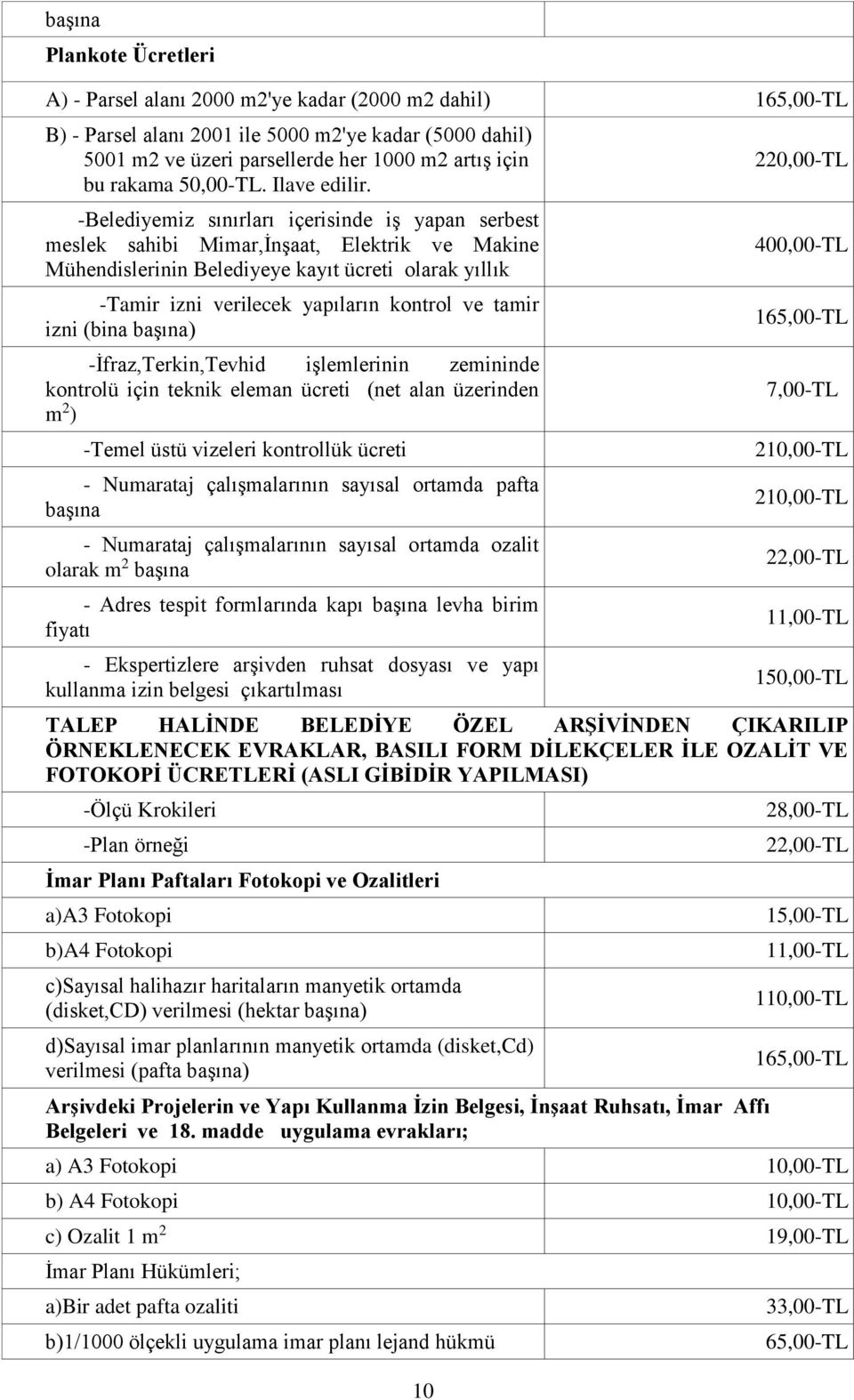 -Belediyemiz sınırları içerisinde iş yapan serbest meslek sahibi Mimar,İnşaat, Elektrik ve Makine Mühendislerinin Belediyeye kayıt ücreti olarak yıllık -Tamir izni verilecek yapıların kontrol ve