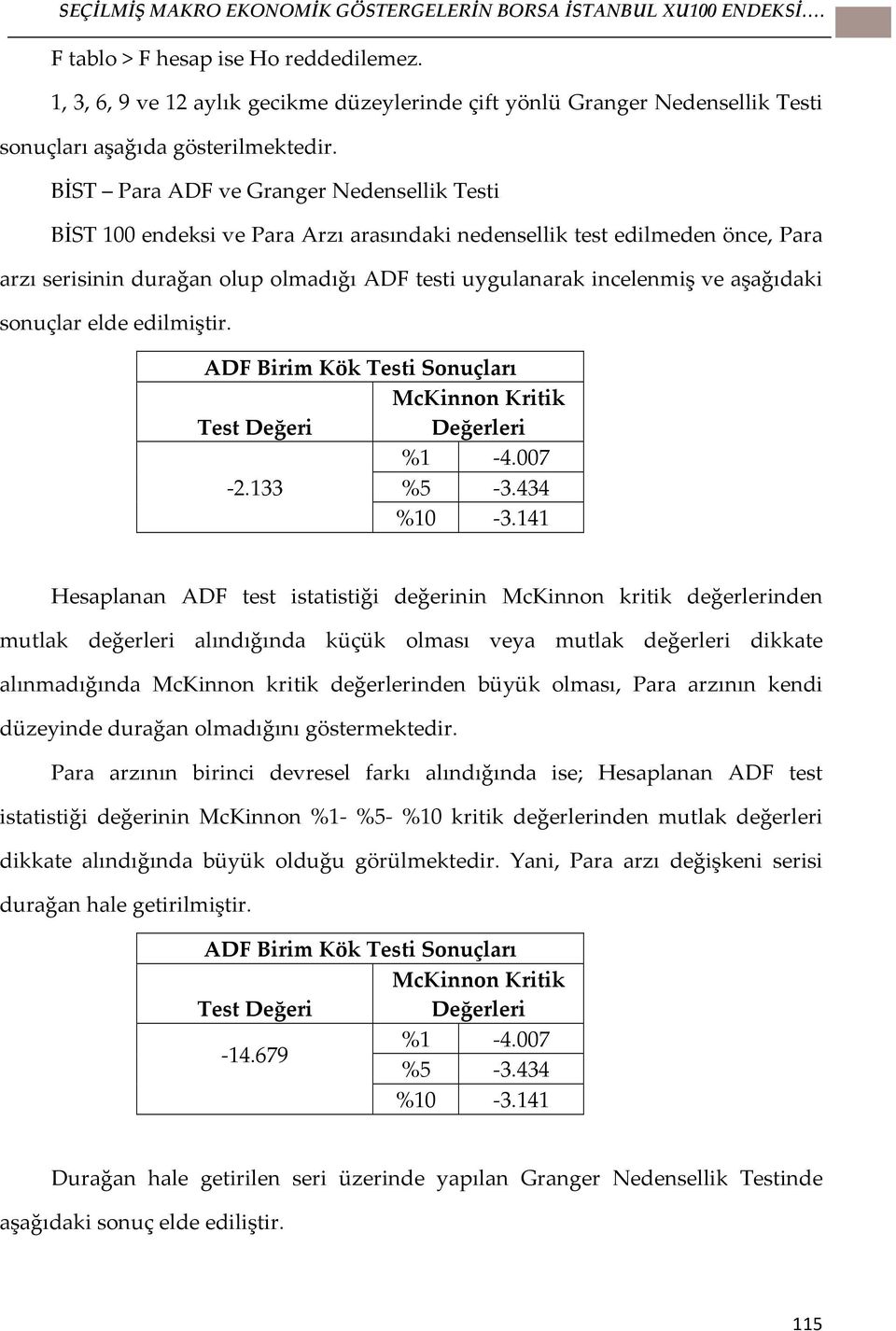 BİST Para ADF ve Granger Nedensellik Testi BİST 100 endeksi ve Para Arzı arasındaki nedensellik test edilmeden önce, Para arzı serisinin durağan olup olmadığı ADF testi uygulanarak incelenmiş ve